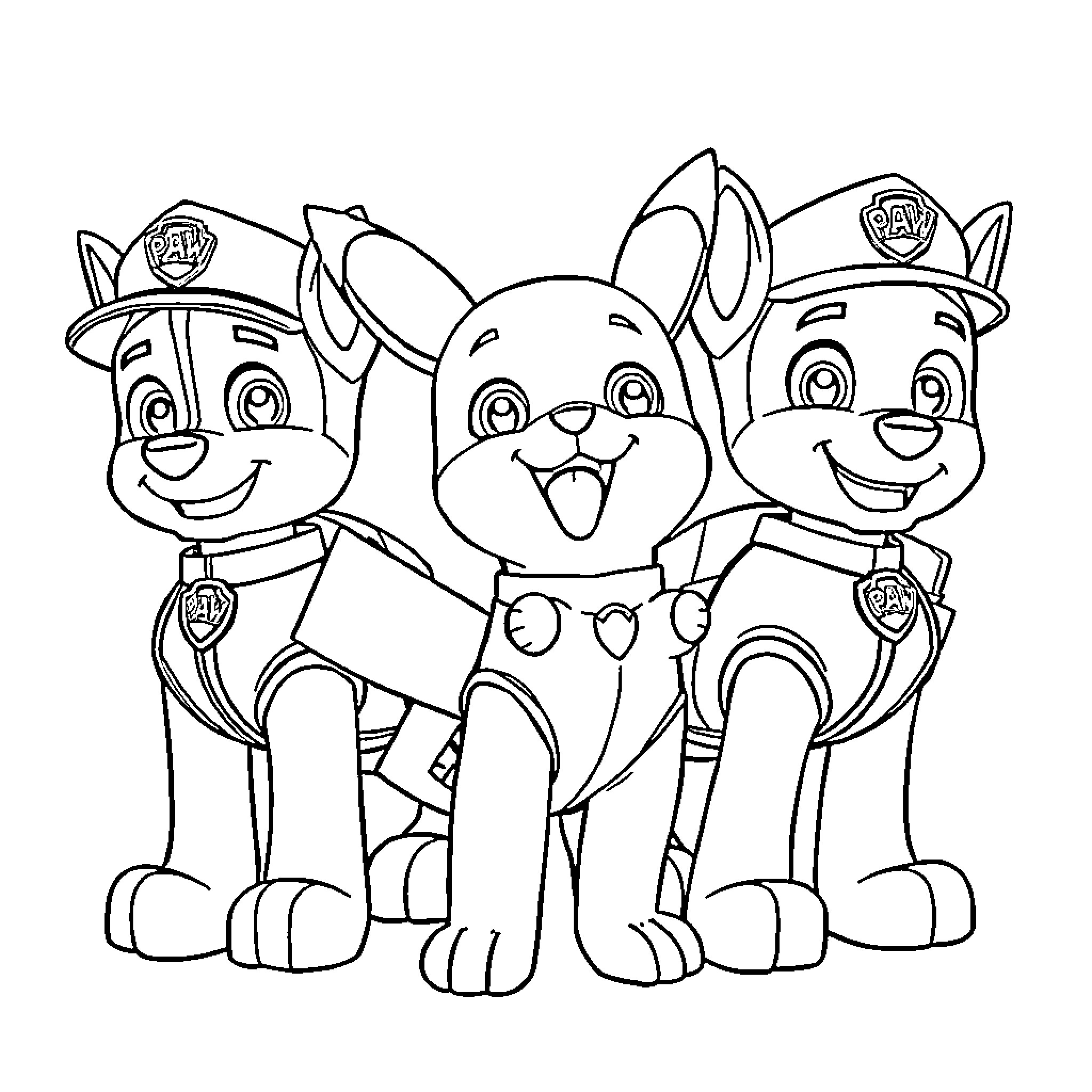 Paw Patrol puppies in uniform posing happily Coloring Page (free black-and-white line drawing printable PDF for all, from beginners to advanced learners, including children, teens, adults, and seniors)