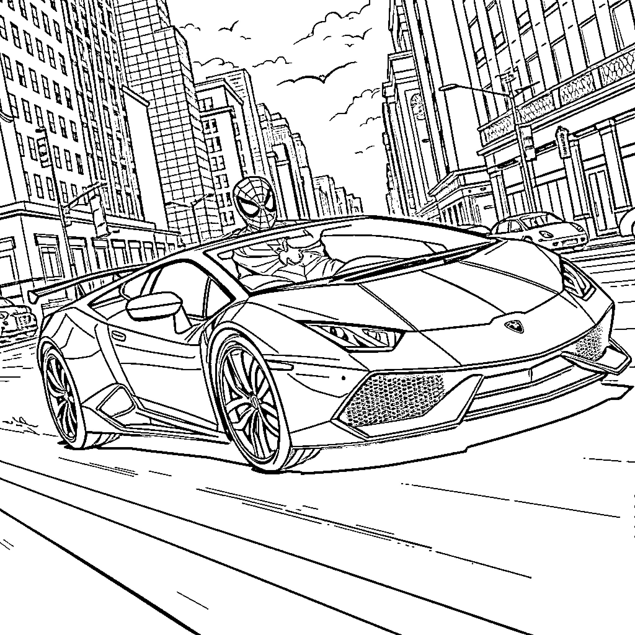 Spiderman races through the city in a high-tech sports car Coloring Page (free black-and-white line drawing printable PDF for all, from beginners to advanced learners, including children, teens, adults, and seniors)