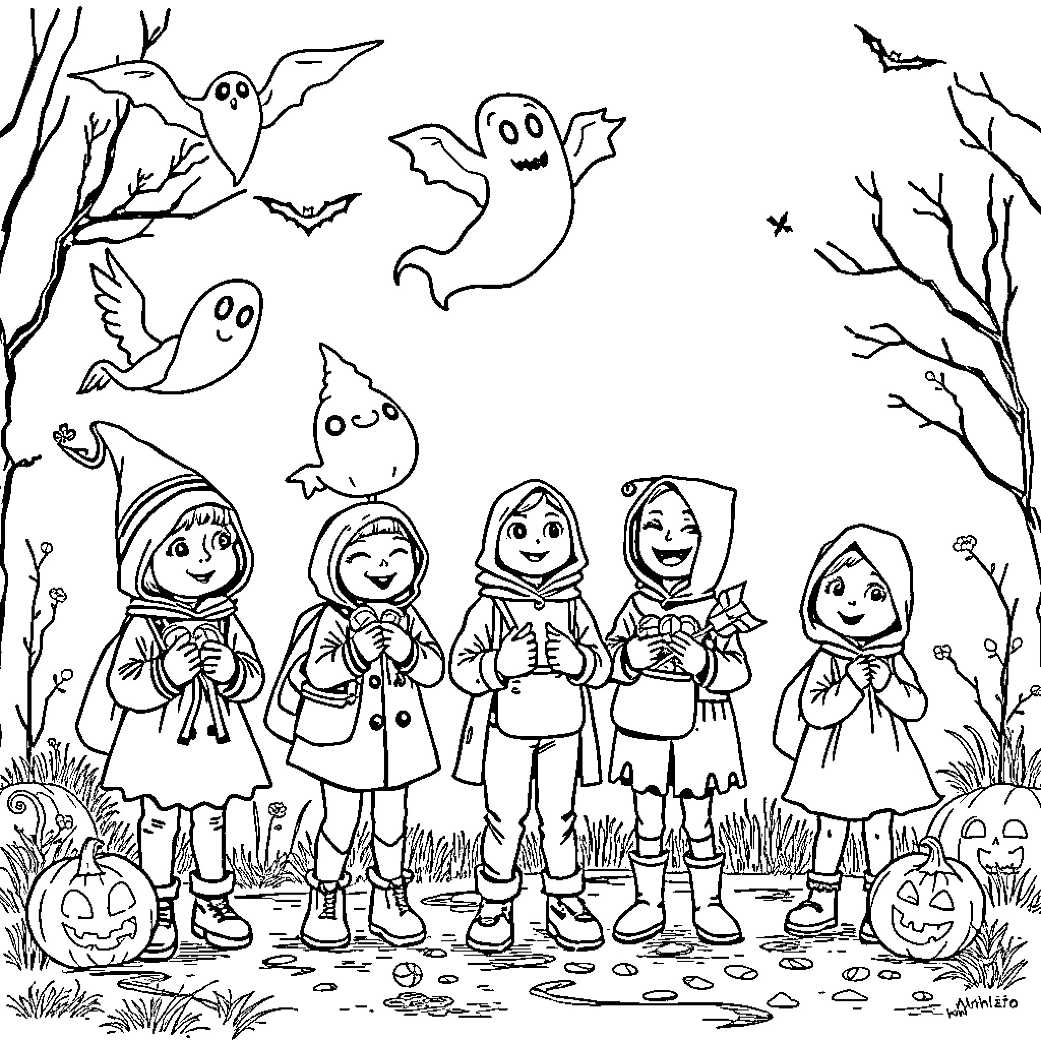 Halloween celebration with costumed children and friendly ghosts Coloring Page (free black-and-white line drawing printable PDF for all, from beginners to advanced learners, including children, teens, adults, and seniors)