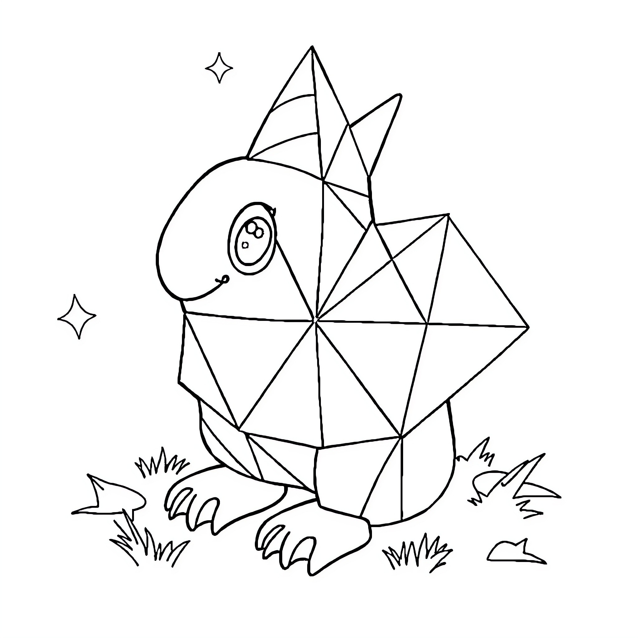 Sprunki Pyramix - Whimsical geometric creature in nature Coloring Page (free black-and-white line drawing printable PDF for all, from beginners to advanced learners, including children, teens, adults, and seniors)