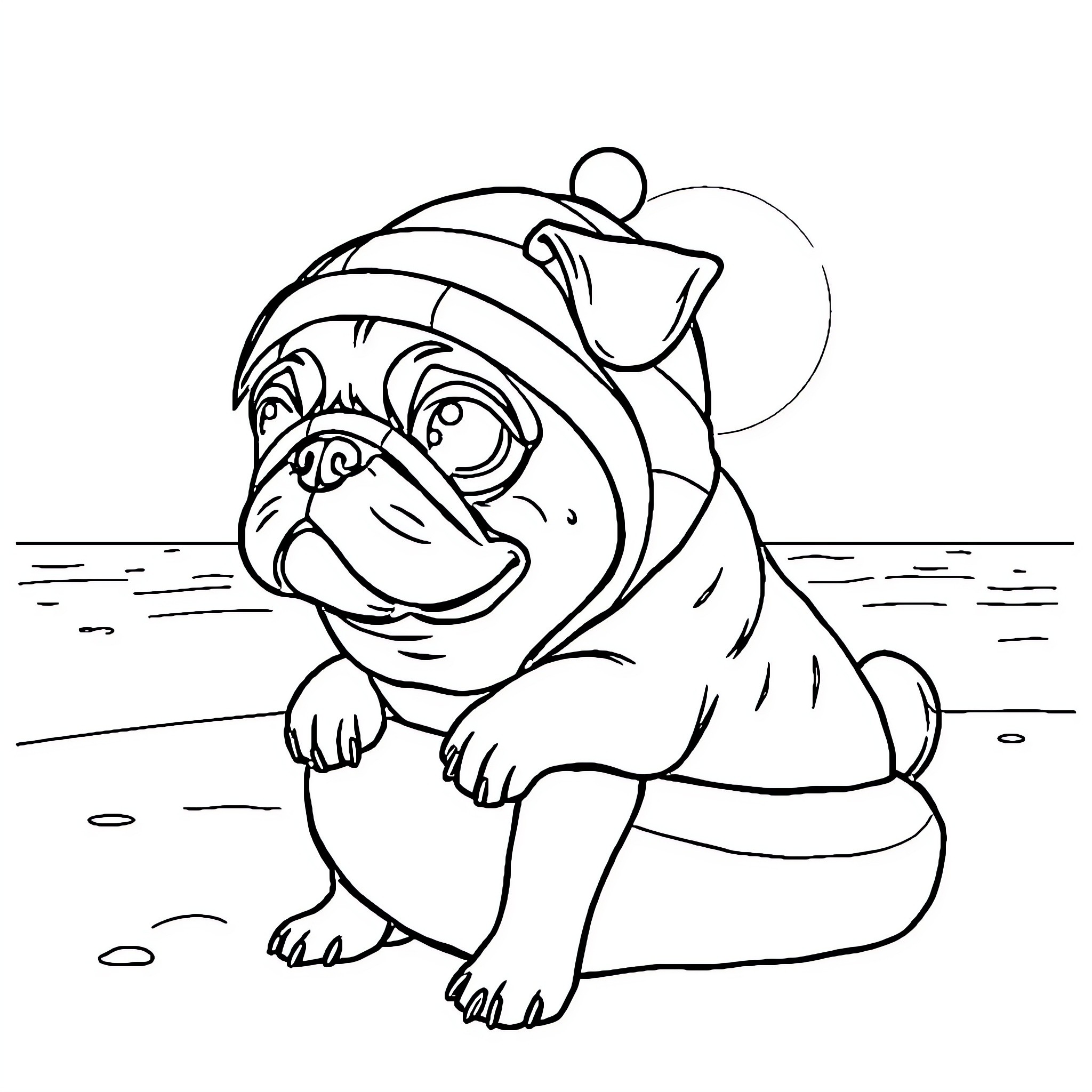 Pug enjoying the beach in a cozy outfit Coloring Page (free black-and-white line drawing printable PDF for all, from beginners to advanced learners, including children, teens, adults, and seniors)