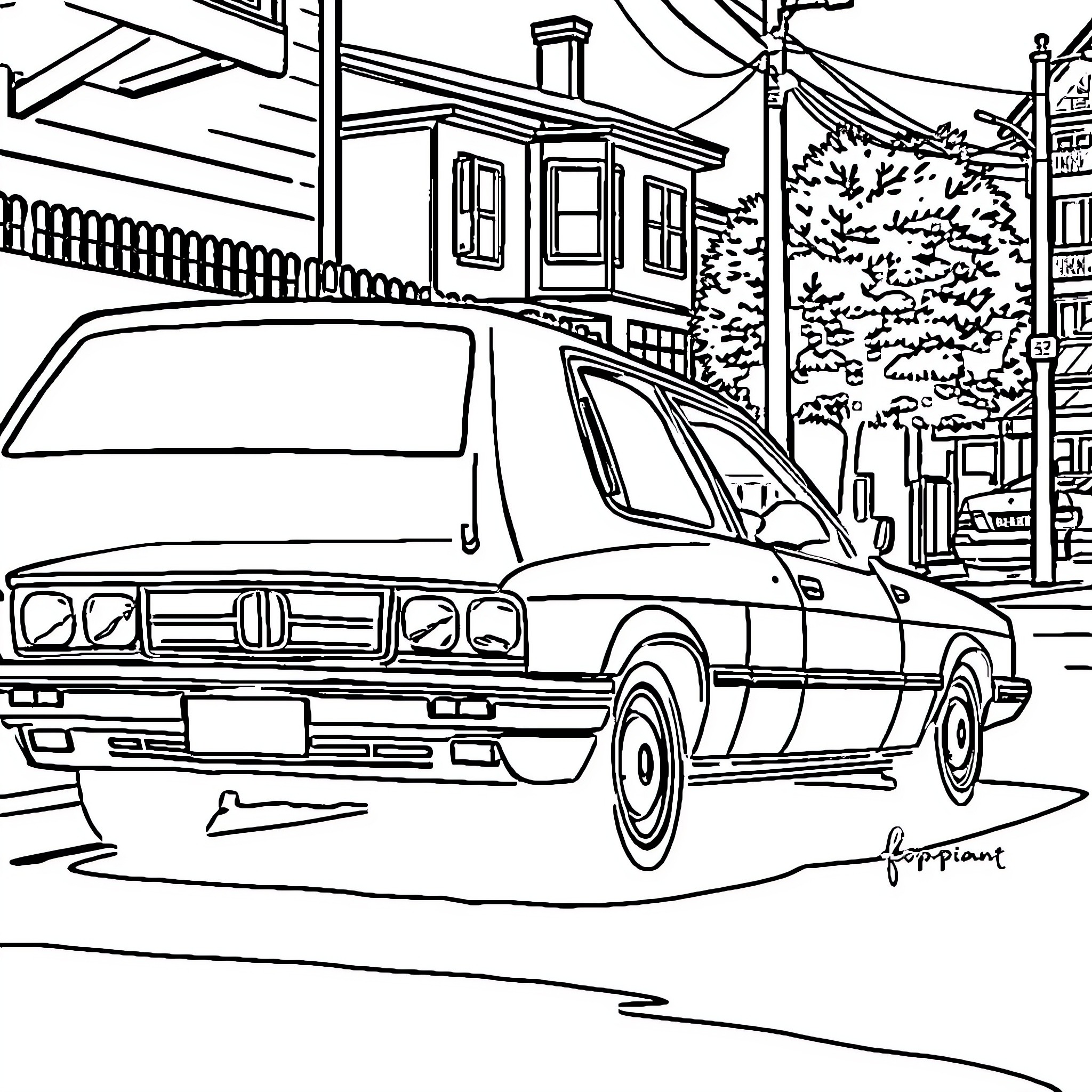 Car parked on a street near a building Coloring Page (free black-and-white line drawing printable PDF for all, from beginners to advanced learners, including children, teens, adults, and seniors)