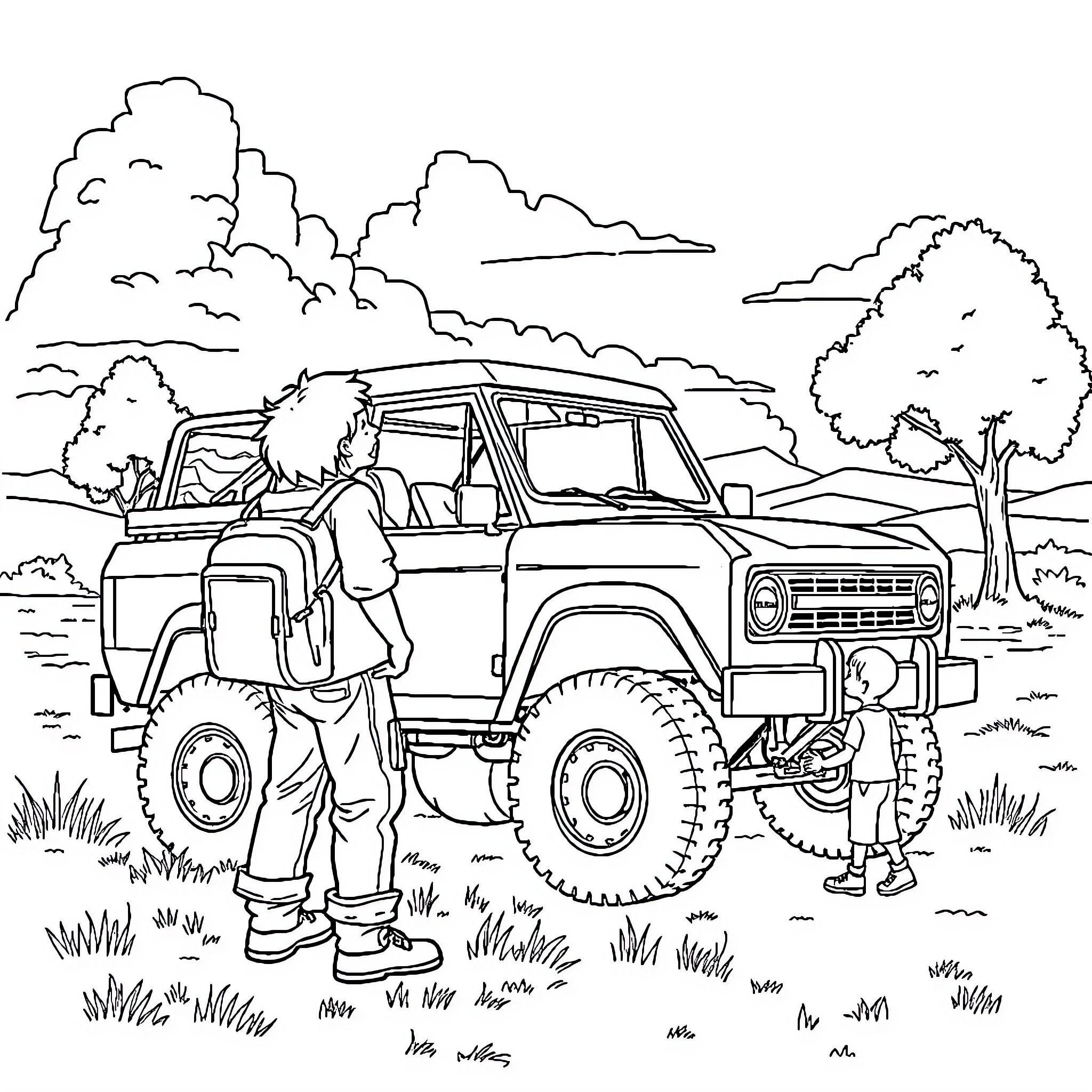 Bronco Truck on Outdoor Adventure Coloring Page (free black-and-white line drawing printable PDF for all, from beginners to advanced learners, including children, teens, adults, and seniors)
