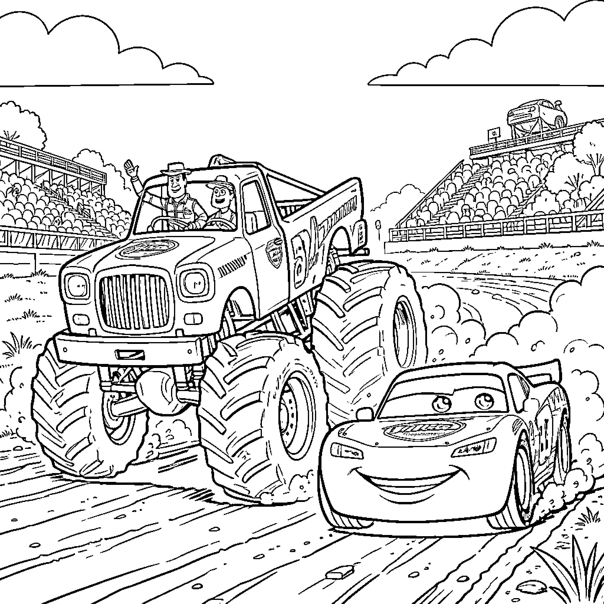 Buzz and Woody racing monster trucks in a stadium Coloring Page (free black-and-white line drawing printable PDF for all, from beginners to advanced learners, including children, teens, adults, and seniors)