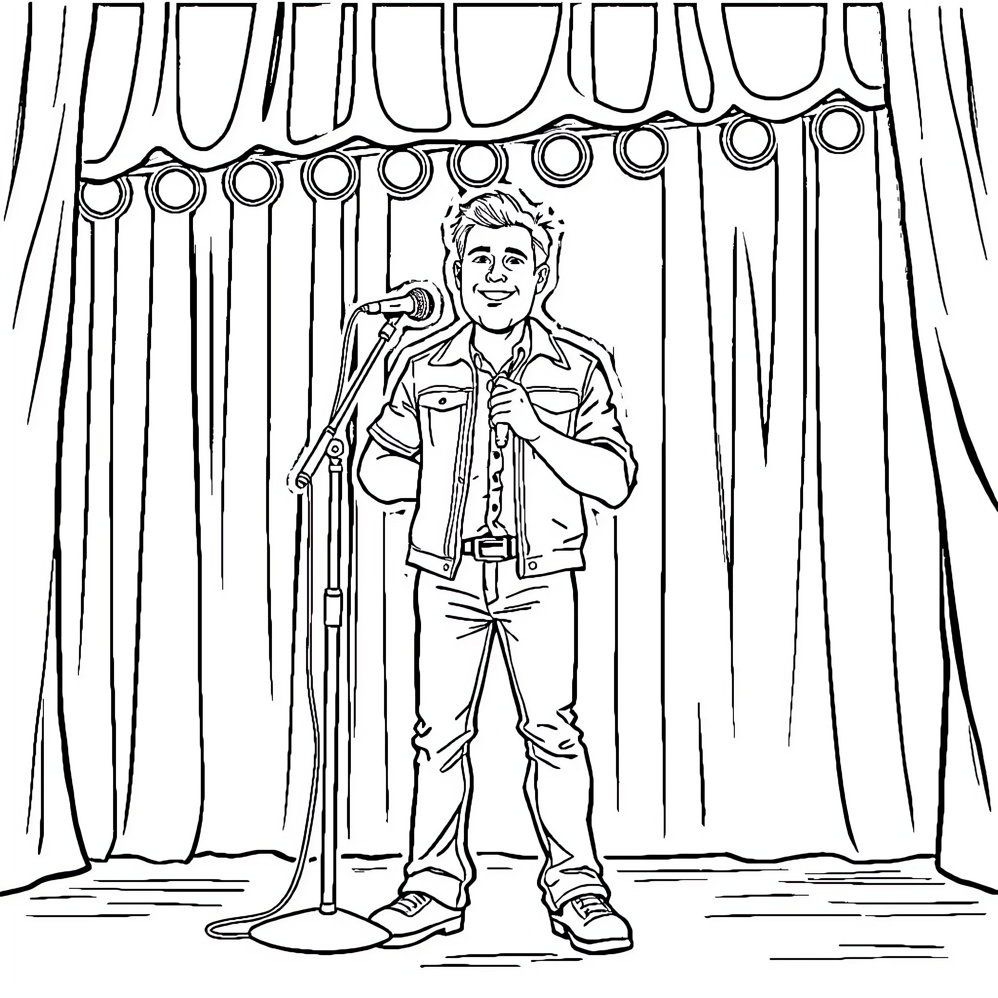 Pete Loeffler performs on stage with microphone Coloring Page (free black-and-white line drawing printable PDF for all, from beginners to advanced learners, including children, teens, adults, and seniors)