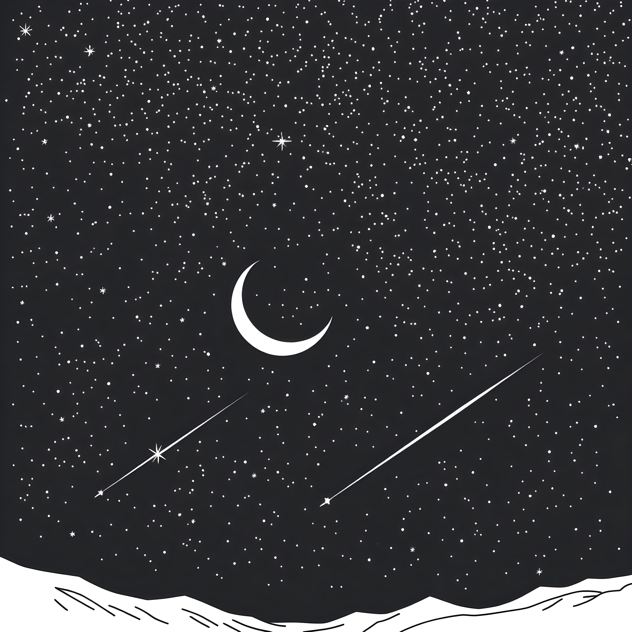 Galaxy with crescent moon and shooting stars Coloring Page (free black-and-white line drawing printable PDF for all, from beginners to advanced learners, including children, teens, adults, and seniors)