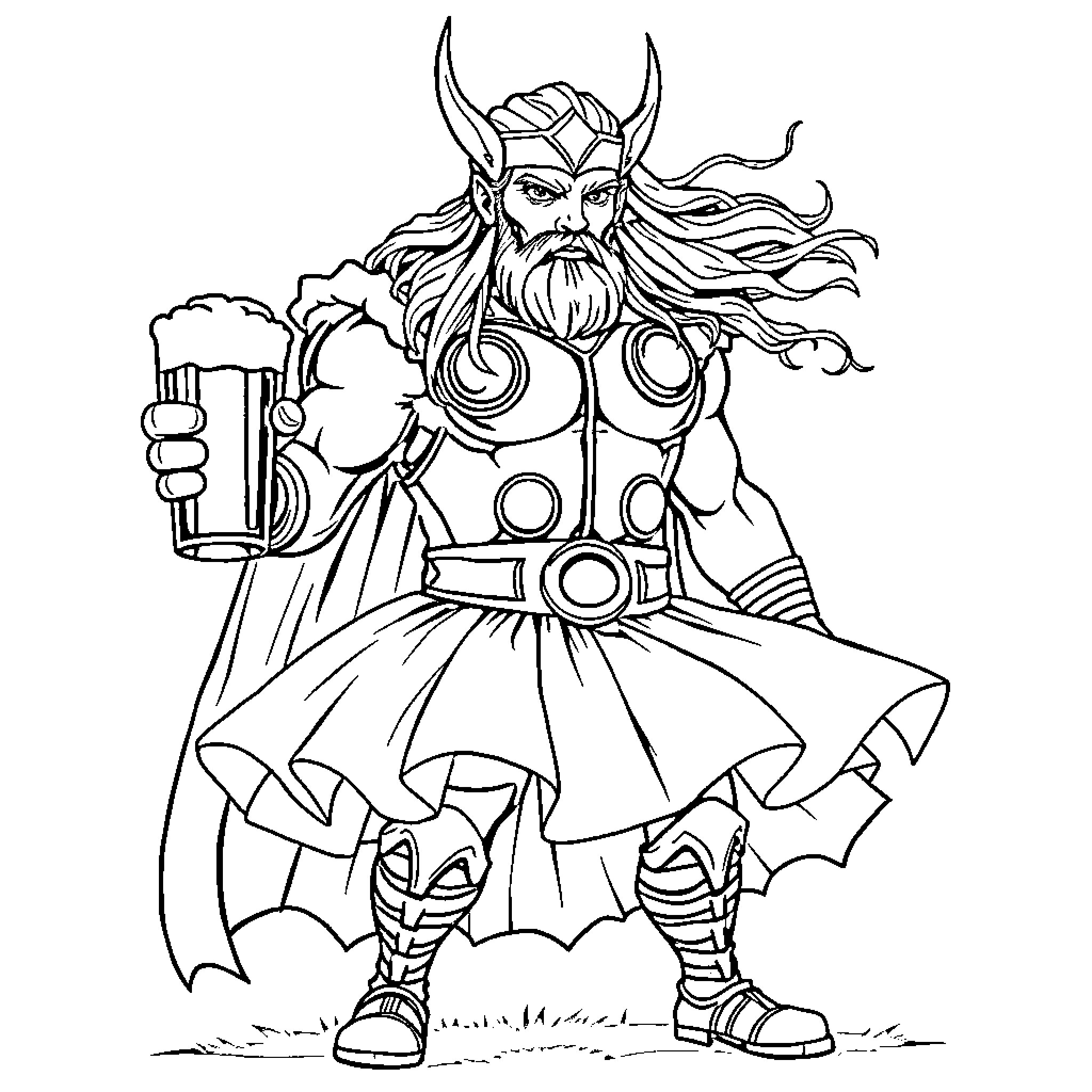 Thor the Mighty Warrior with Beer Stein Coloring Page (free black-and-white line drawing printable PDF for all, from beginners to advanced learners, including children, teens, adults, and seniors)