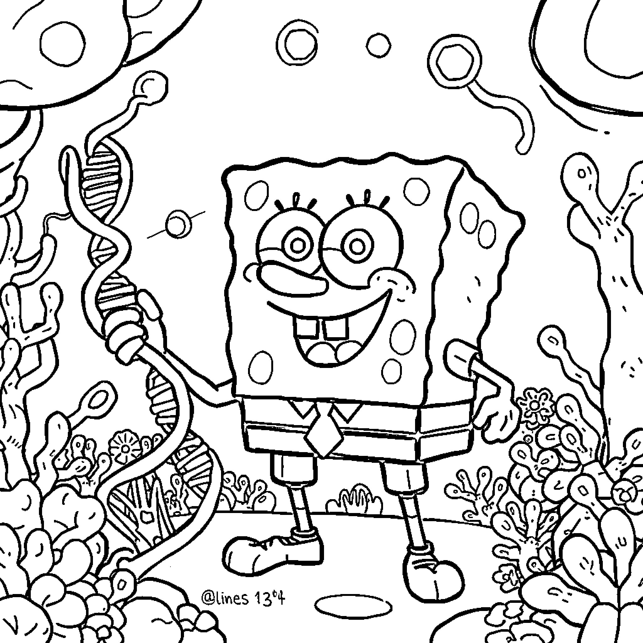 SpongeBob SquarePants in a whimsical underwater world Coloring Page (free black-and-white line drawing printable PDF for all, from beginners to advanced learners, including children, teens, adults, and seniors)