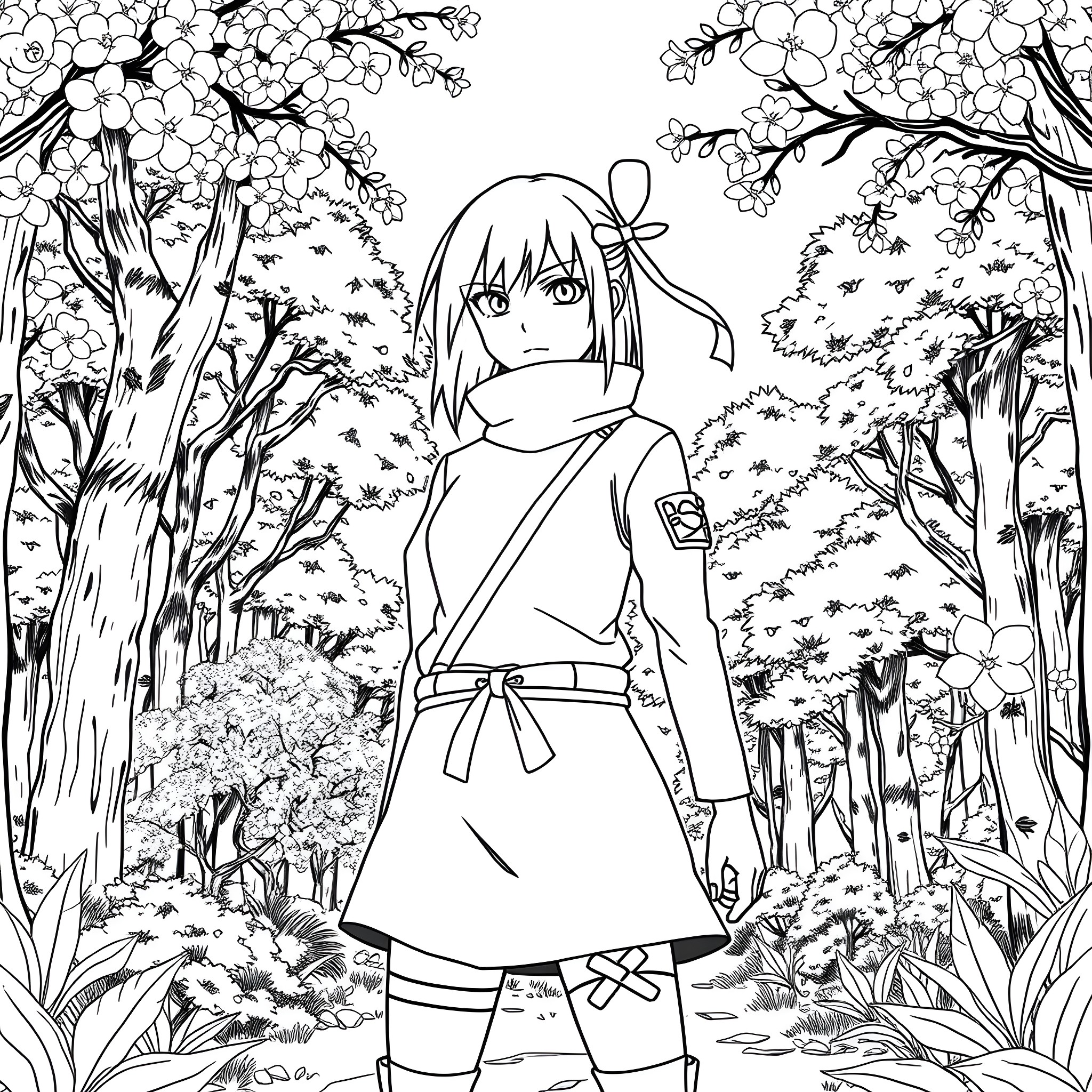 Sakura's Peaceful Forest Journey Coloring Page (free black-and-white line drawing printable PDF for all, from beginners to advanced learners, including children, teens, adults, and seniors)