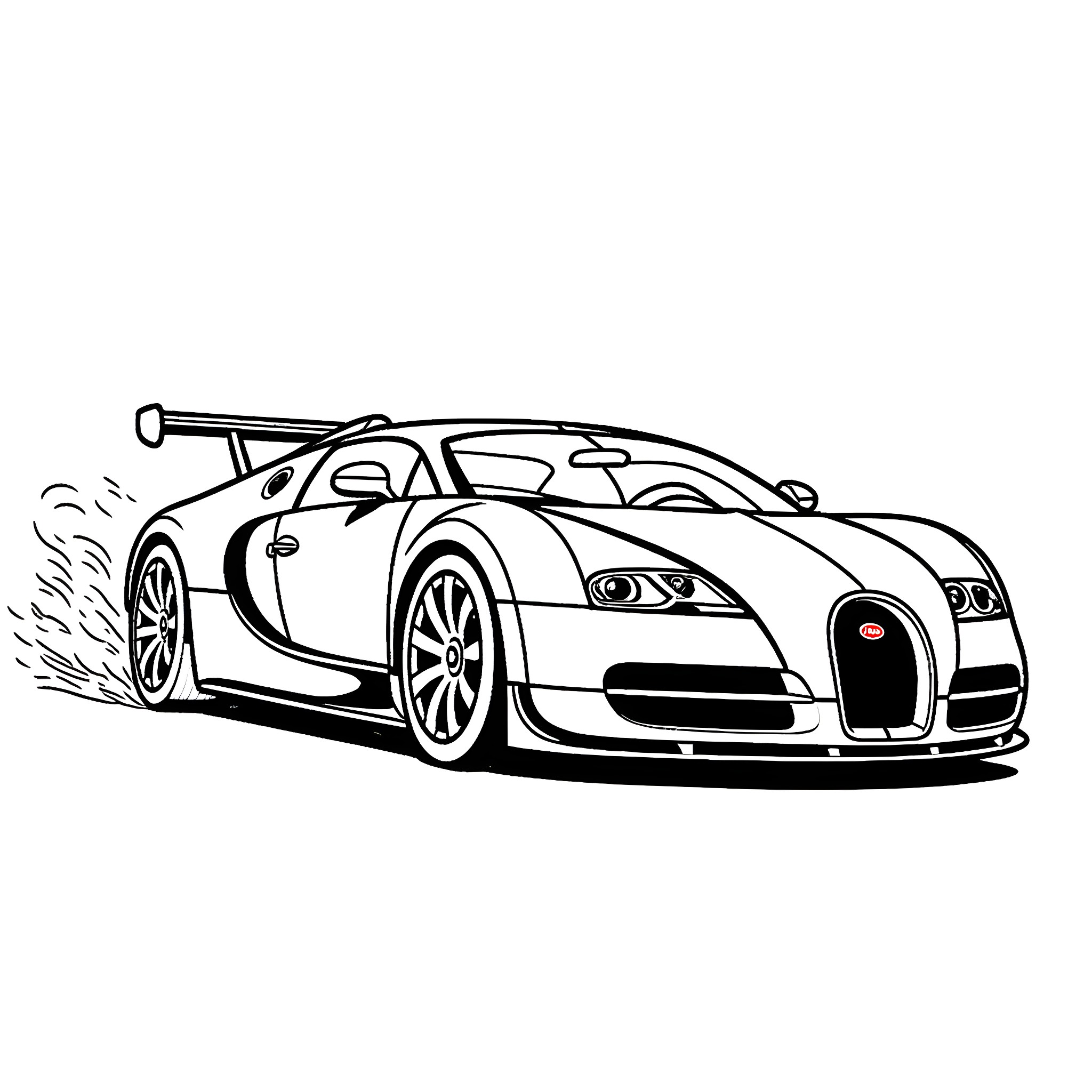 Bugatti race car speeding on track Coloring Page (free black-and-white line drawing printable PDF for all, from beginners to advanced learners, including children, teens, adults, and seniors)