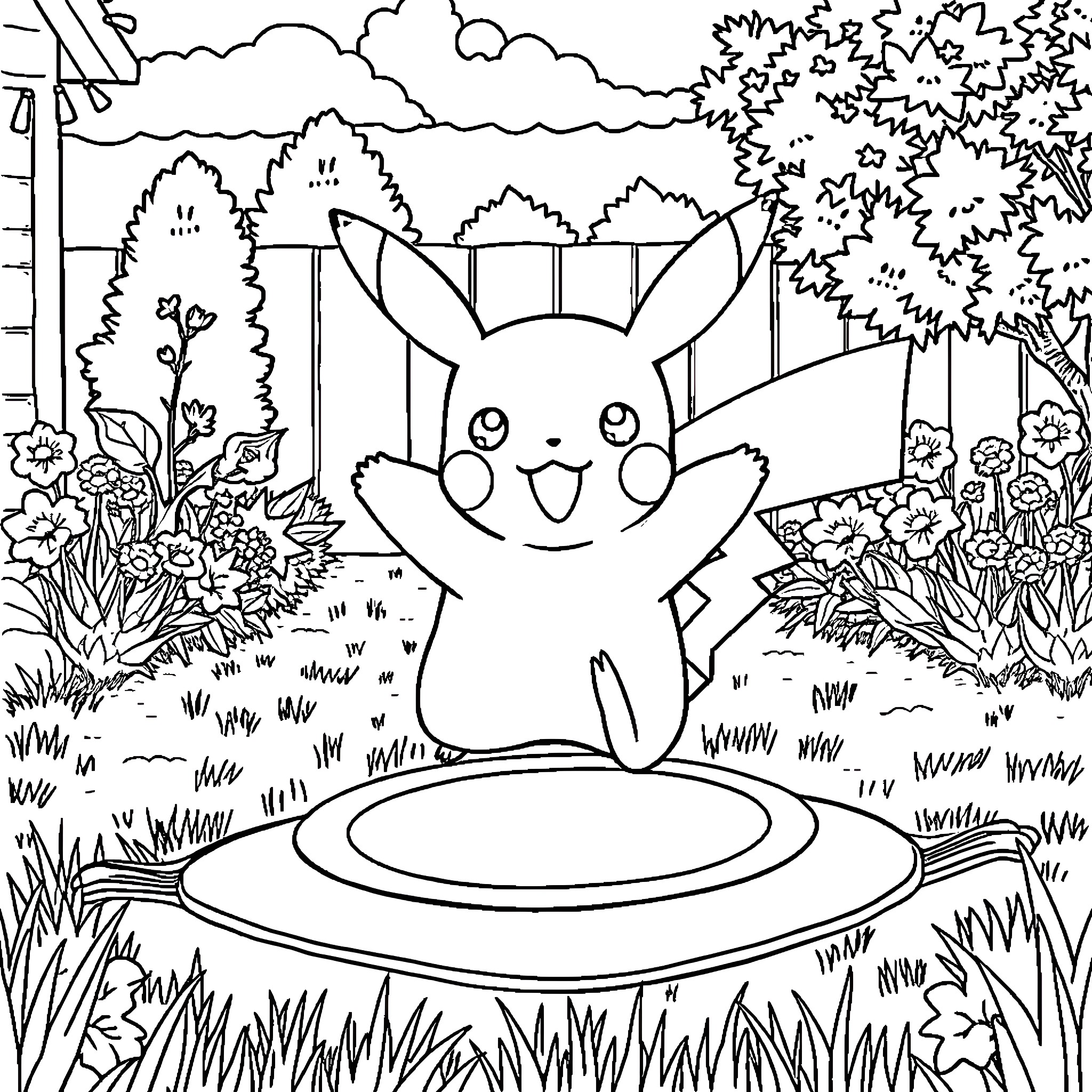 Pikachu playing joyfully in the enchanting forest Coloring Page (free black-and-white line drawing printable PDF for all, from beginners to advanced learners, including children, teens, adults, and seniors)