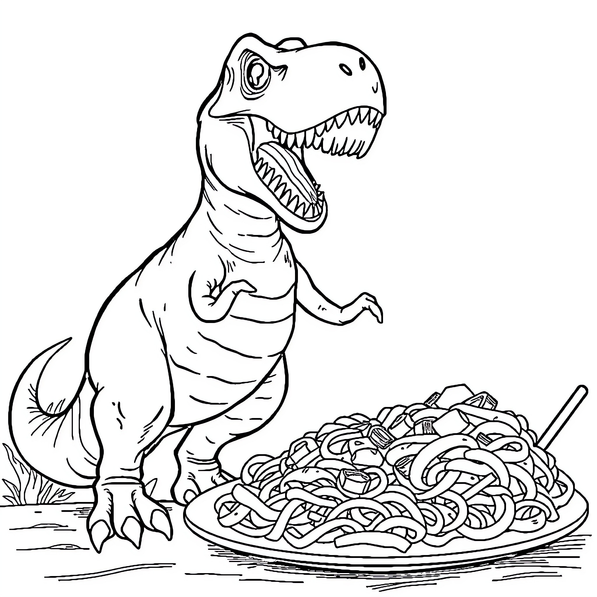 T-Rex Enjoying a Spaghetti Feast Coloring Page (free black-and-white line drawing printable PDF for all, from beginners to advanced learners, including children, teens, adults, and seniors)
