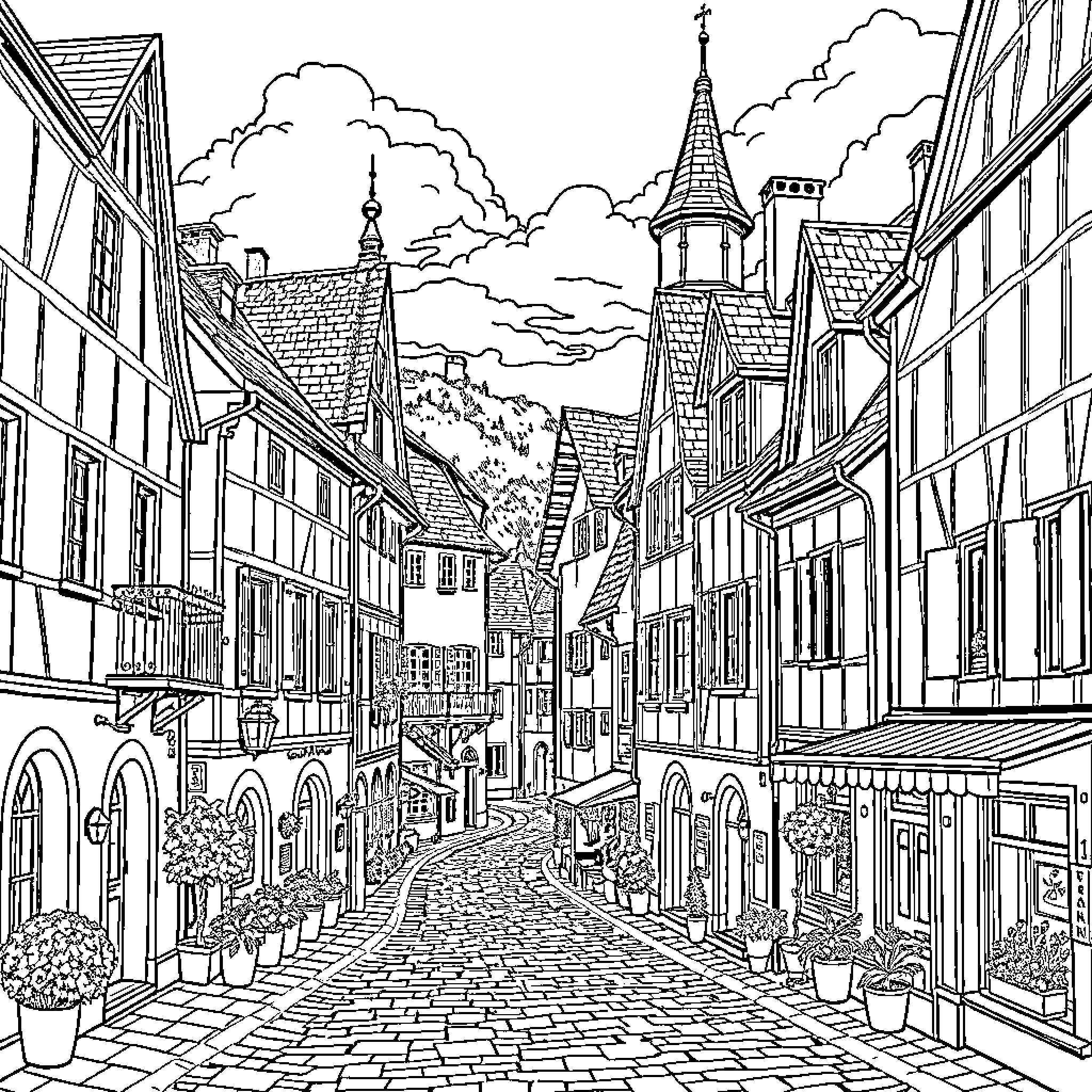 Village with Charming Cobblestone Streets and Medieval Architecture Coloring Page (free black-and-white line drawing printable PDF for all, from beginners to advanced learners, including children, teens, adults, and seniors)
