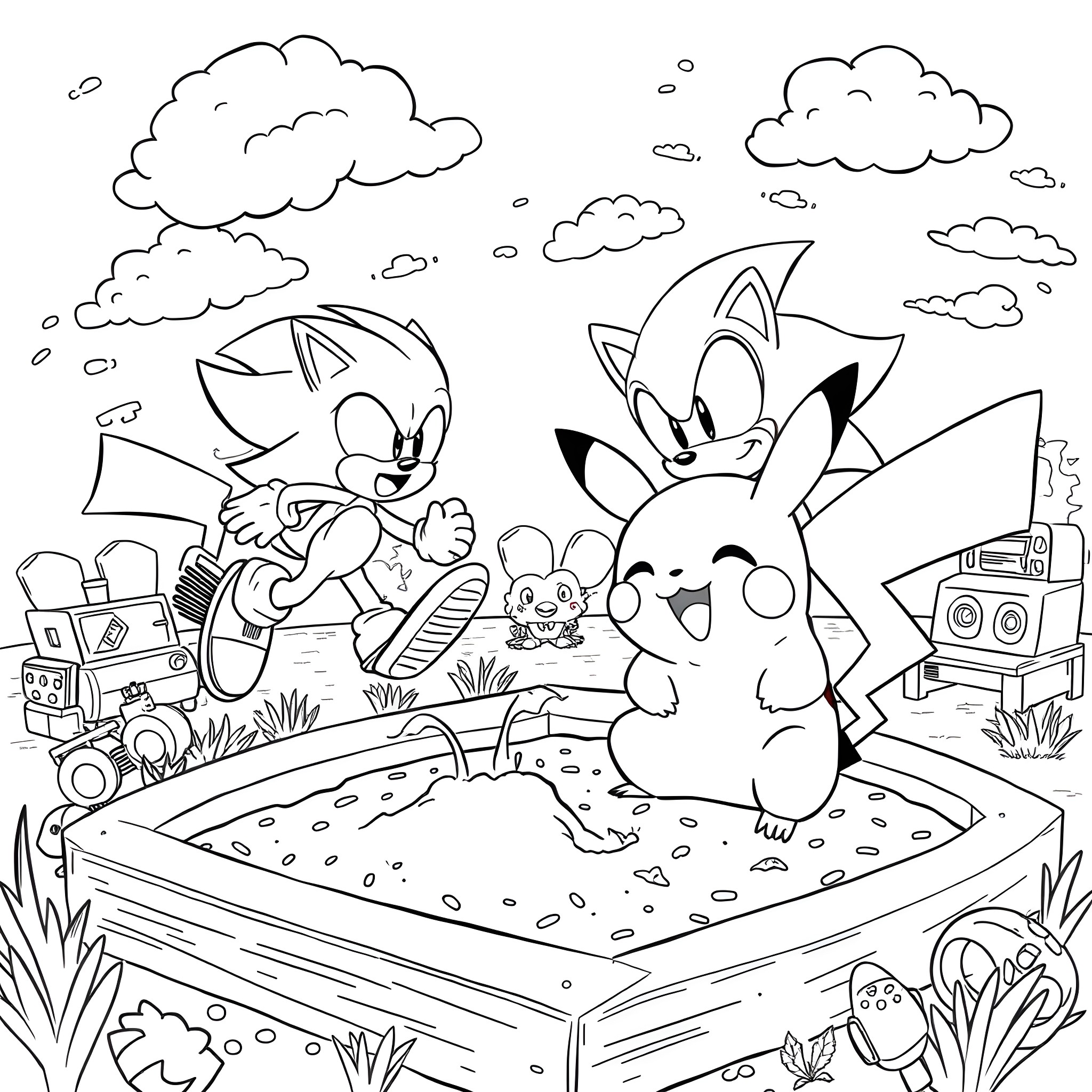 Pikachu and friends exploring the outdoors Coloring Page (free black-and-white line drawing printable PDF for all, from beginners to advanced learners, including children, teens, adults, and seniors)