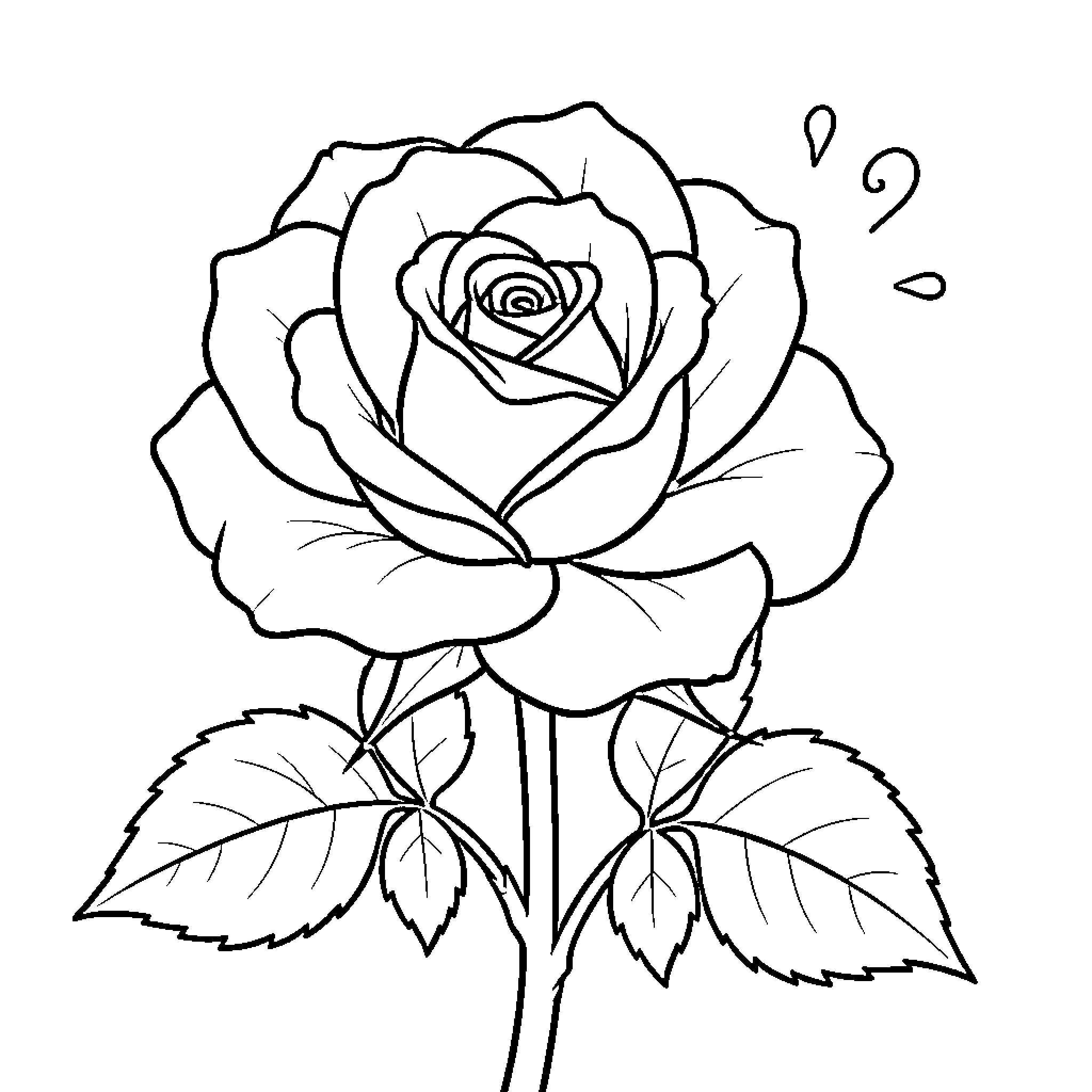 Rose blooming with graceful petals Coloring Page (free black-and-white line drawing printable PDF for all, from beginners to advanced learners, including children, teens, adults, and seniors)