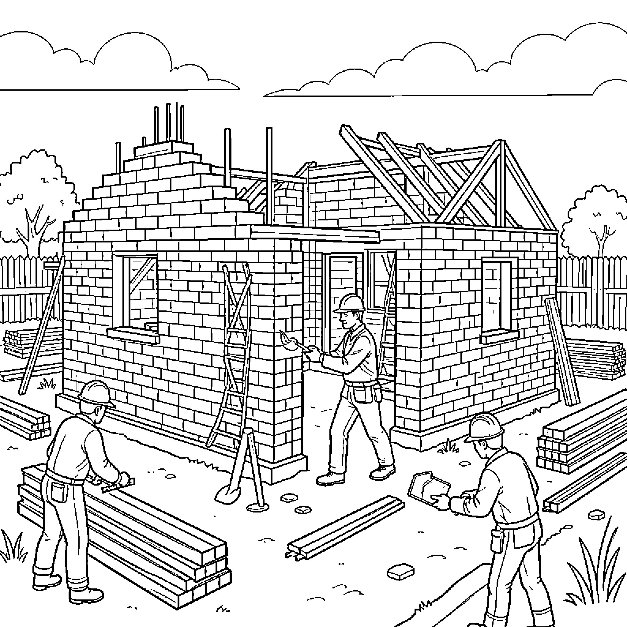 House being constructed by workers on a site Coloring Page (free black-and-white line drawing printable PDF for all, from beginners to advanced learners, including children, teens, adults, and seniors)