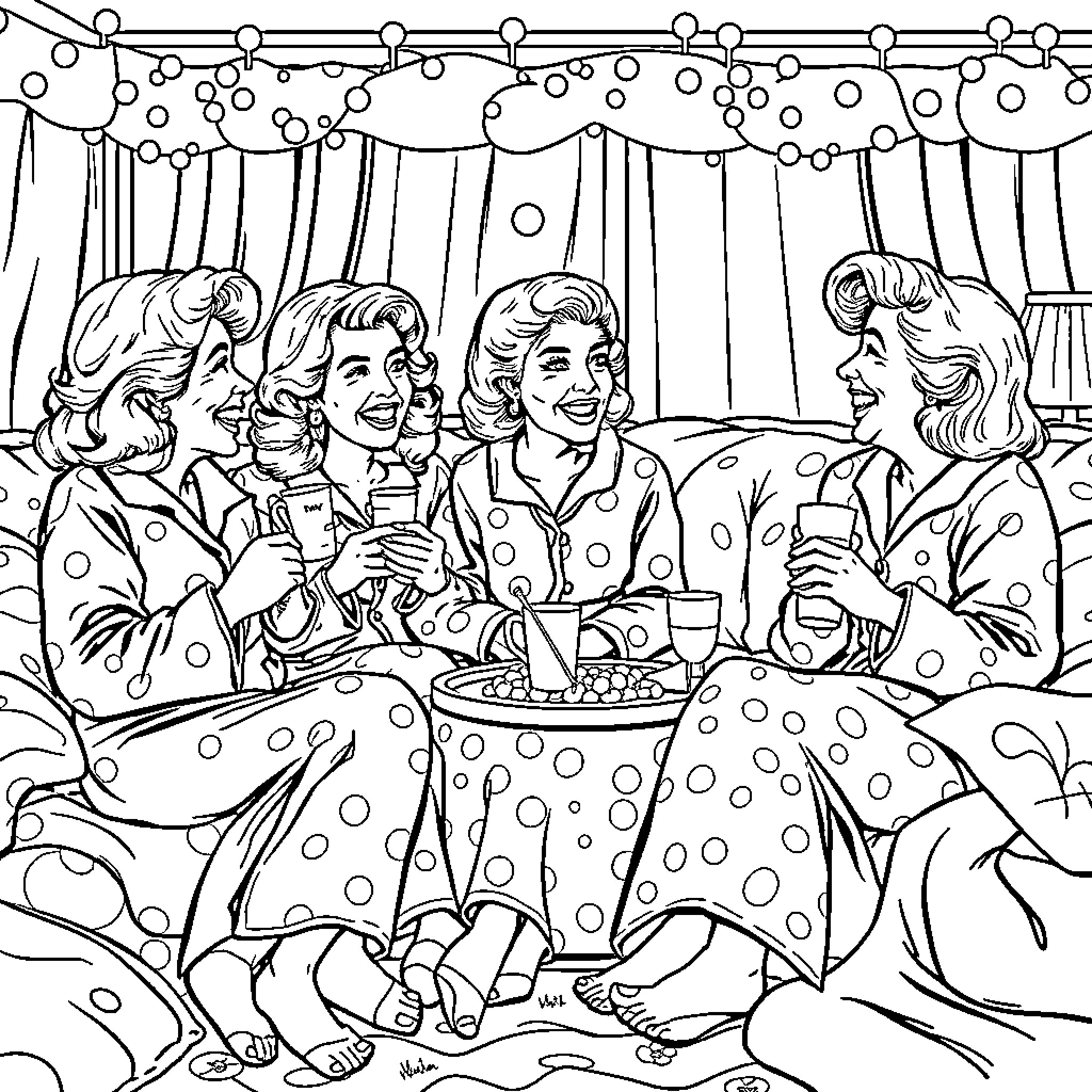 Eartha Kitt and friends enjoying a cozy gathering Coloring Page (free black-and-white line drawing printable PDF for all, from beginners to advanced learners, including children, teens, adults, and seniors)