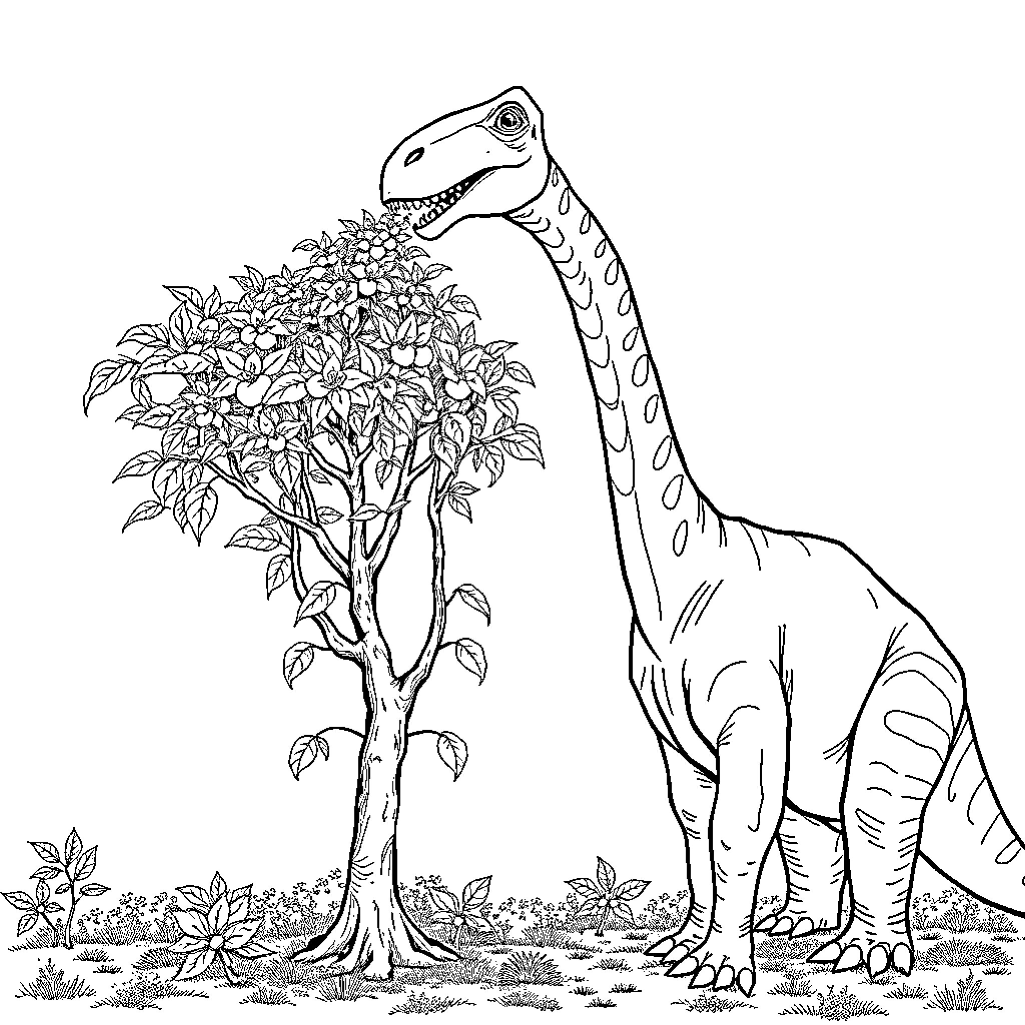 Brachiosaurus exploring the lush foliage Coloring Page (free black-and-white line drawing printable PDF for all, from beginners to advanced learners, including children, teens, adults, and seniors)