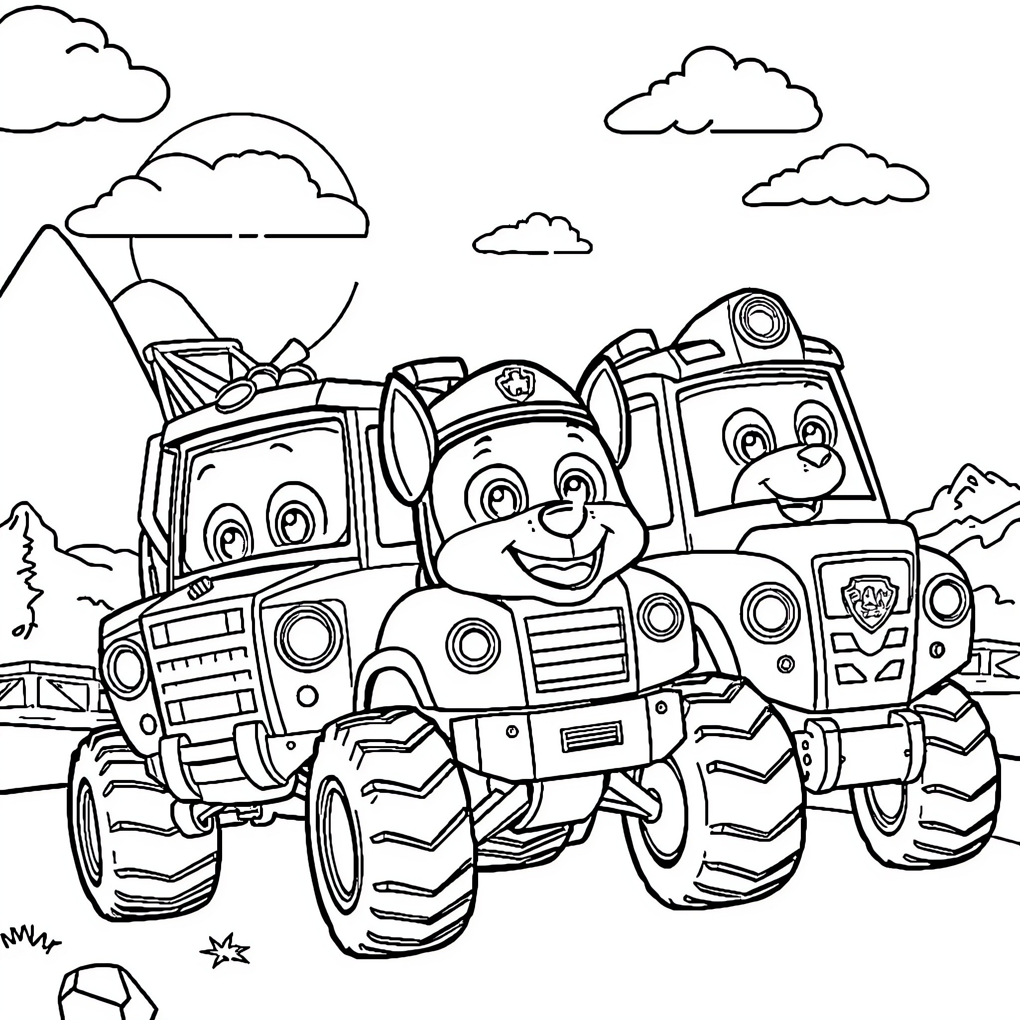 Tow Truck Trio Helping on the Mountainous Road Coloring Page (free black-and-white line drawing printable PDF for all, from beginners to advanced learners, including children, teens, adults, and seniors)