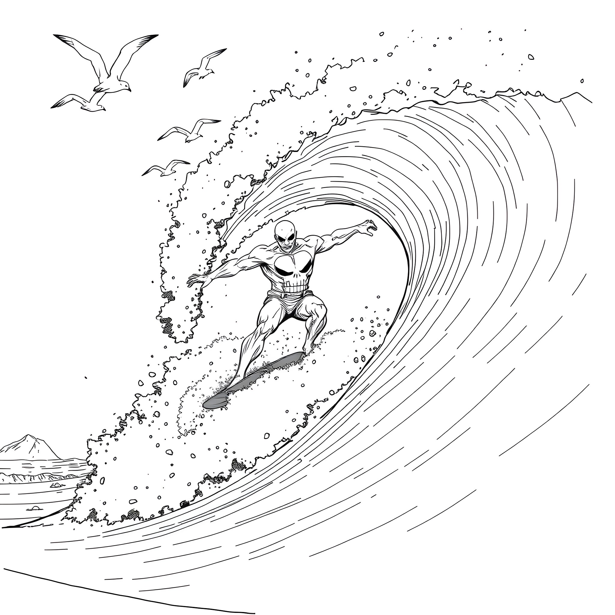 Punisher surfing massive wave with birds in the sky Coloring Page (free black-and-white line drawing printable PDF for all, from beginners to advanced learners, including children, teens, adults, and seniors)