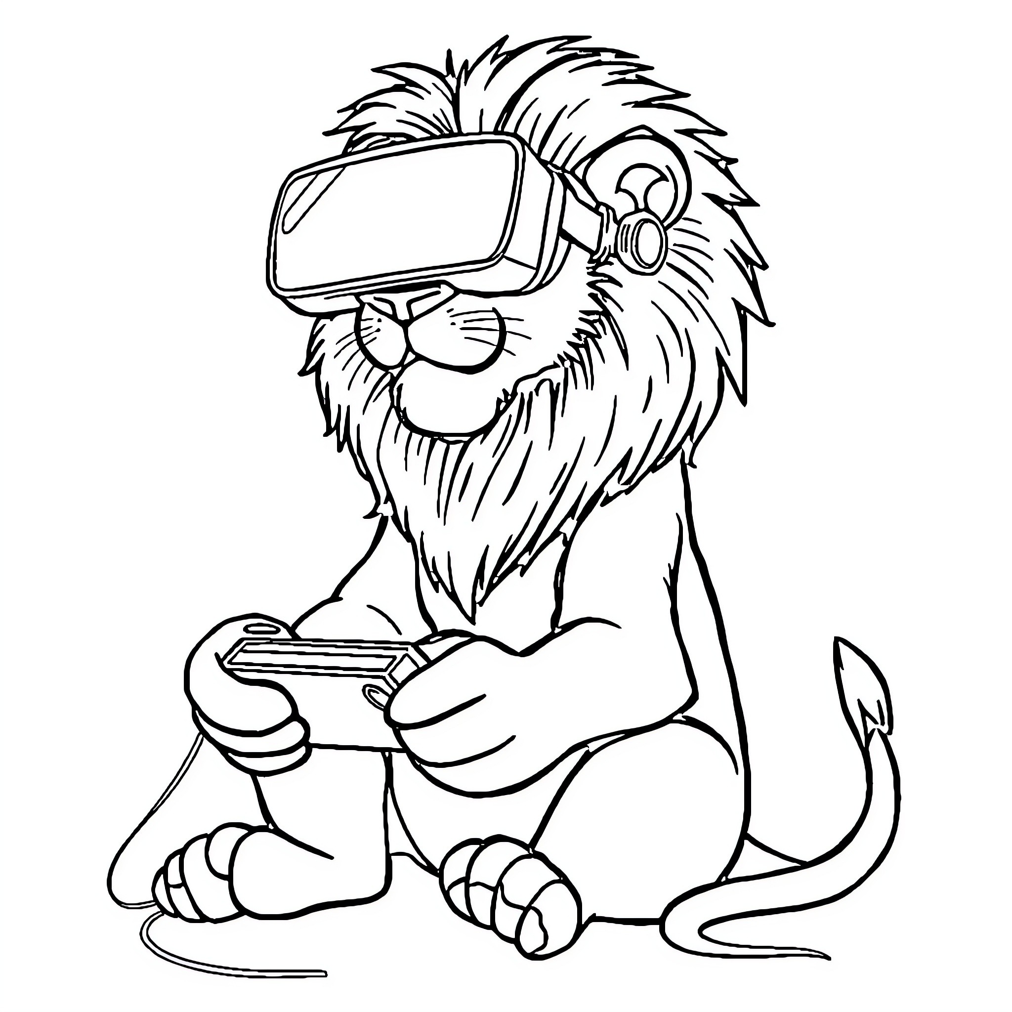 Lion using virtual reality headset and playing video game Coloring Page (free black-and-white line drawing printable PDF for all, from beginners to advanced learners, including children, teens, adults, and seniors)