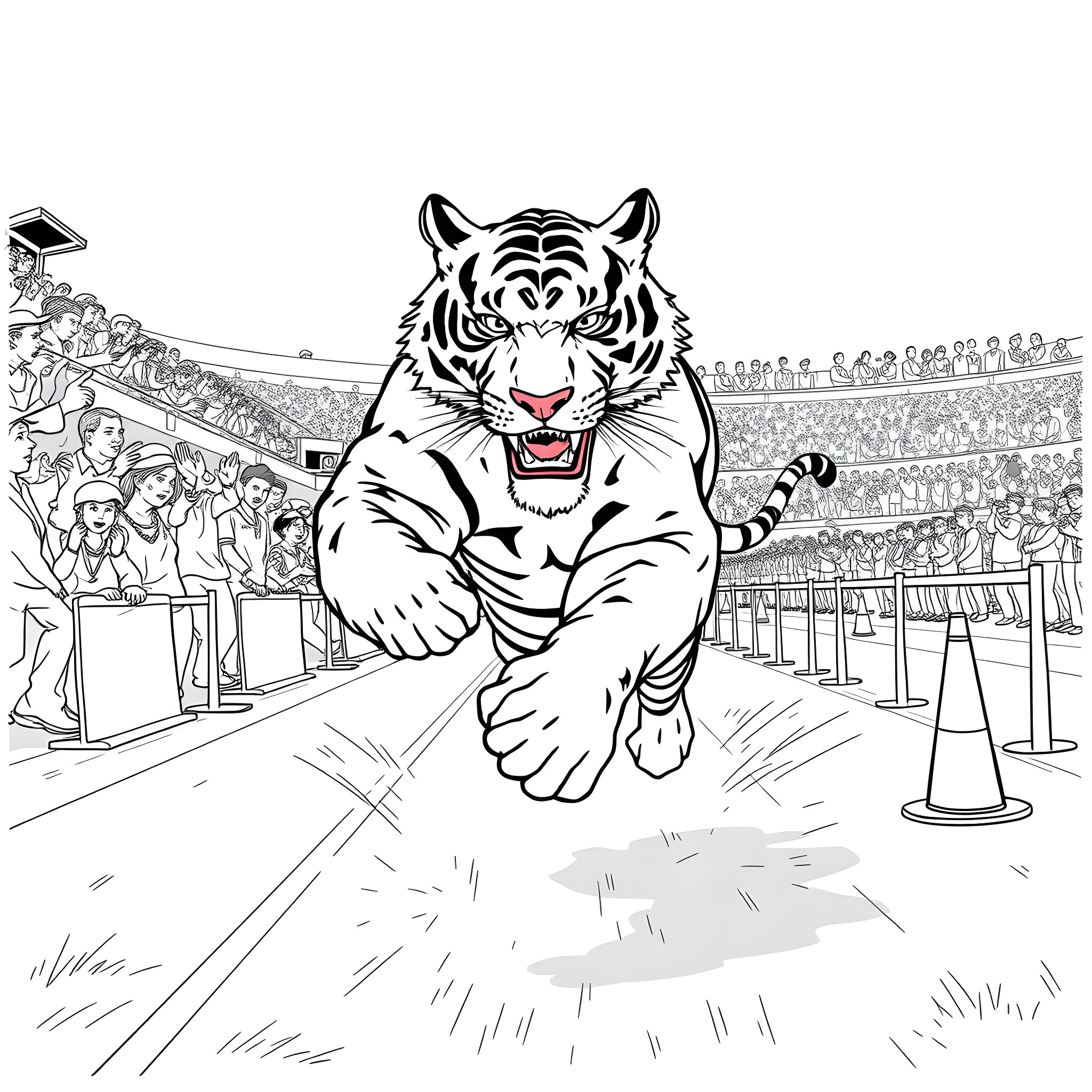 Tiger Leaping Ferociously in the Arena Coloring Page (free black-and-white line drawing printable PDF for all, from beginners to advanced learners, including children, teens, adults, and seniors)