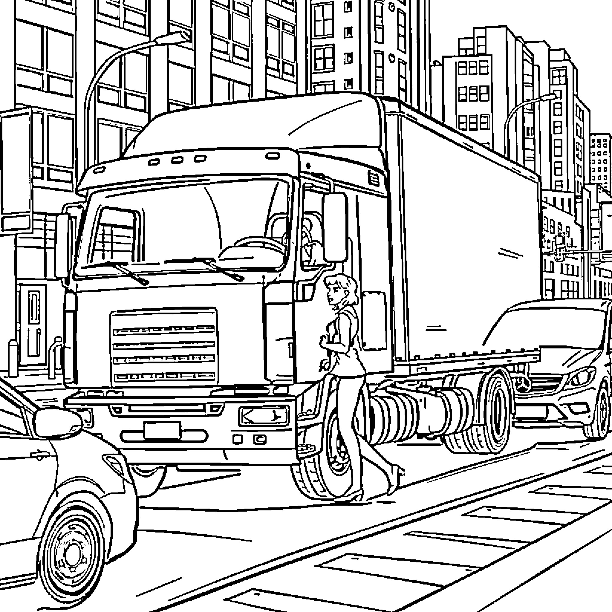 Woman standing next to large commercial truck in city Coloring Page (free black-and-white line drawing printable PDF for all, from beginners to advanced learners, including children, teens, adults, and seniors)