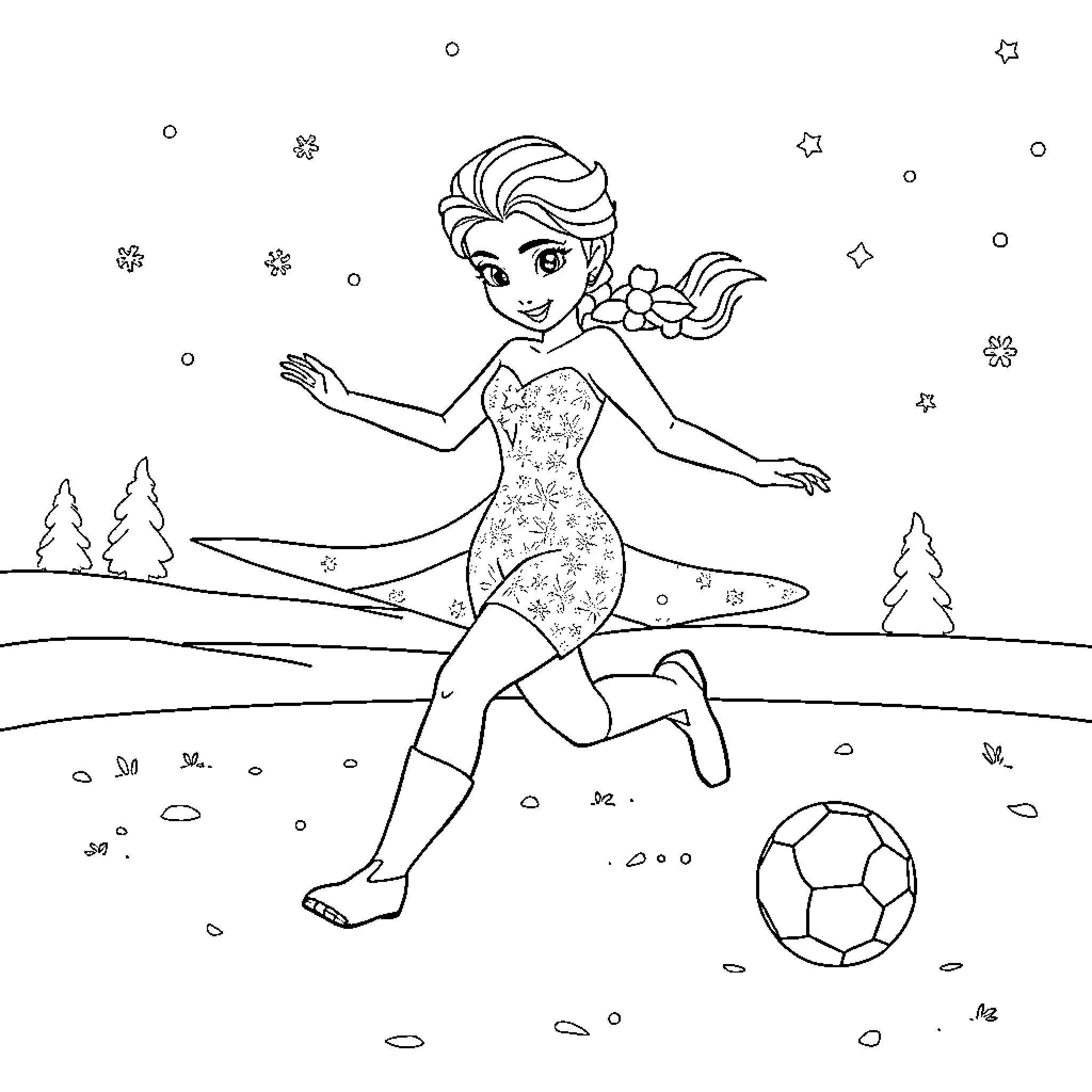 Elsa playing with soccer ball in winter wonderland Coloring Page (free black-and-white line drawing printable PDF for all, from beginners to advanced learners, including children, teens, adults, and seniors)