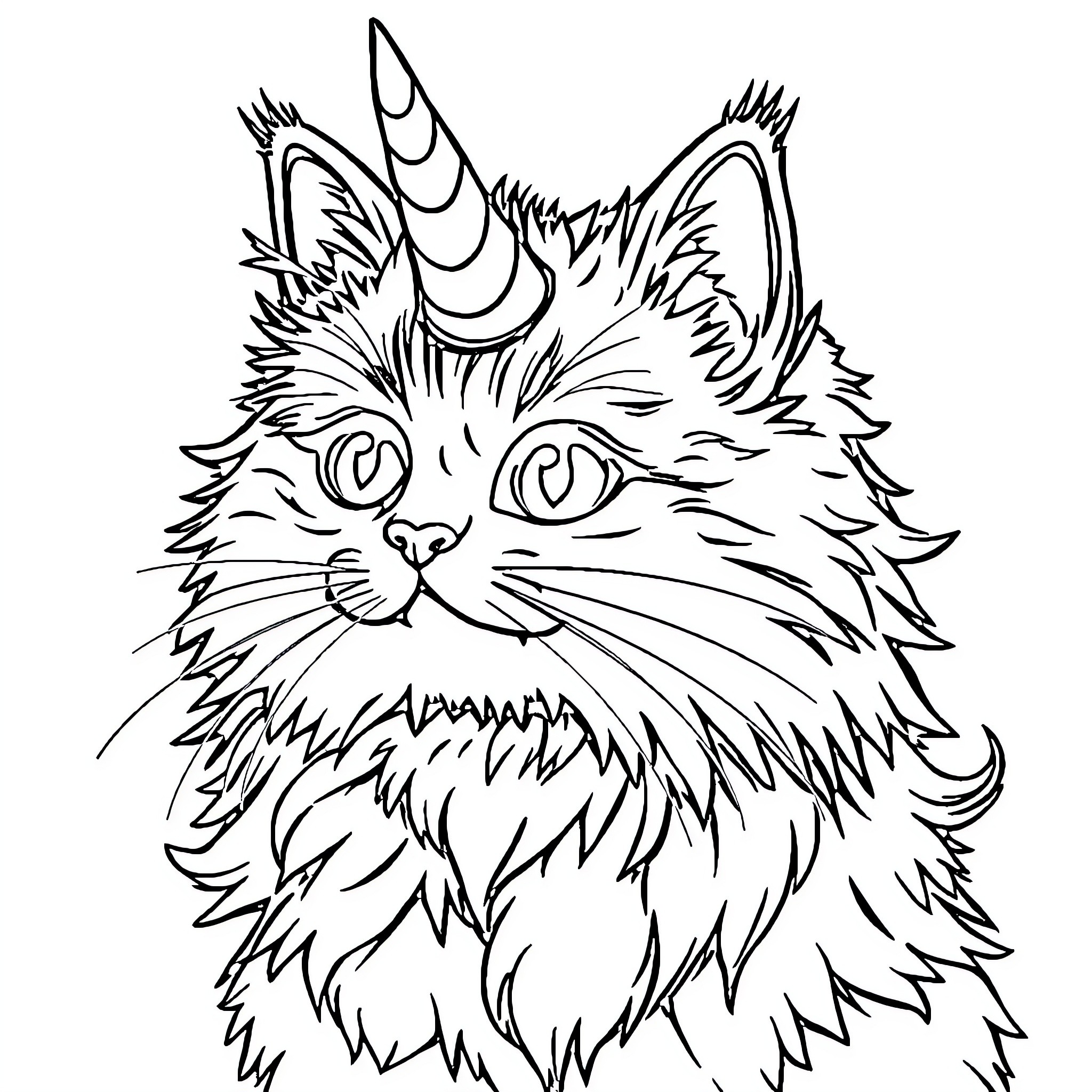 Cat with striking features and fluffy fur Coloring Page (free black-and-white line drawing printable PDF for all, from beginners to advanced learners, including children, teens, adults, and seniors)