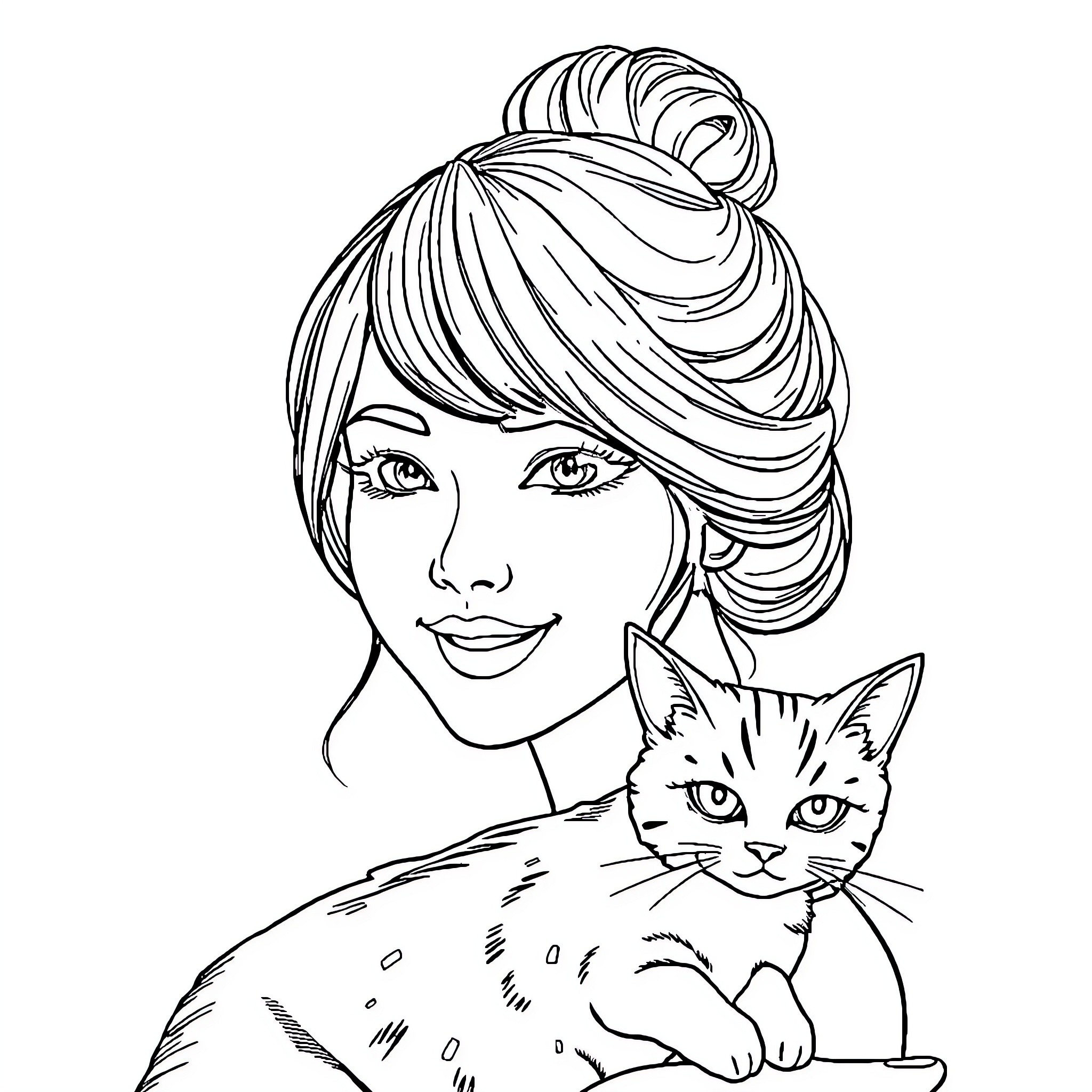 Woman with Upswept Hairstyle Cuddling Kitten Coloring Page (free black-and-white line drawing printable PDF for all, from beginners to advanced learners, including children, teens, adults, and seniors)