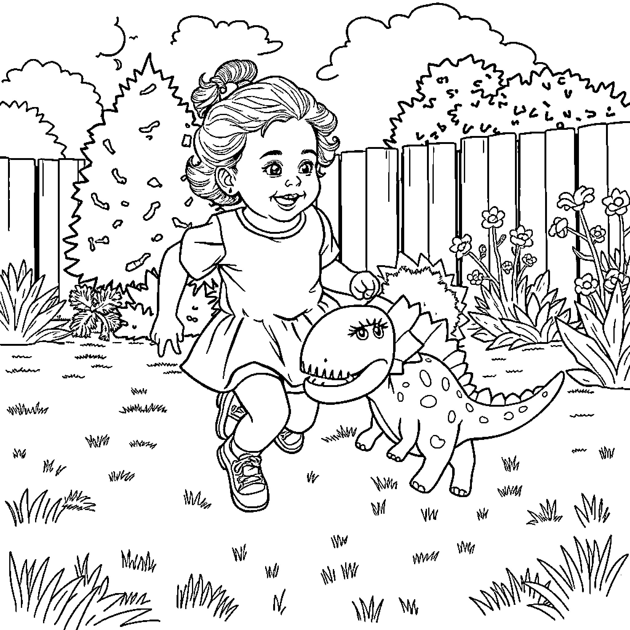 Dinosaur Companions Explore the Lush Landscape Coloring Page (free black-and-white line drawing printable PDF for all, from beginners to advanced learners, including children, teens, adults, and seniors)