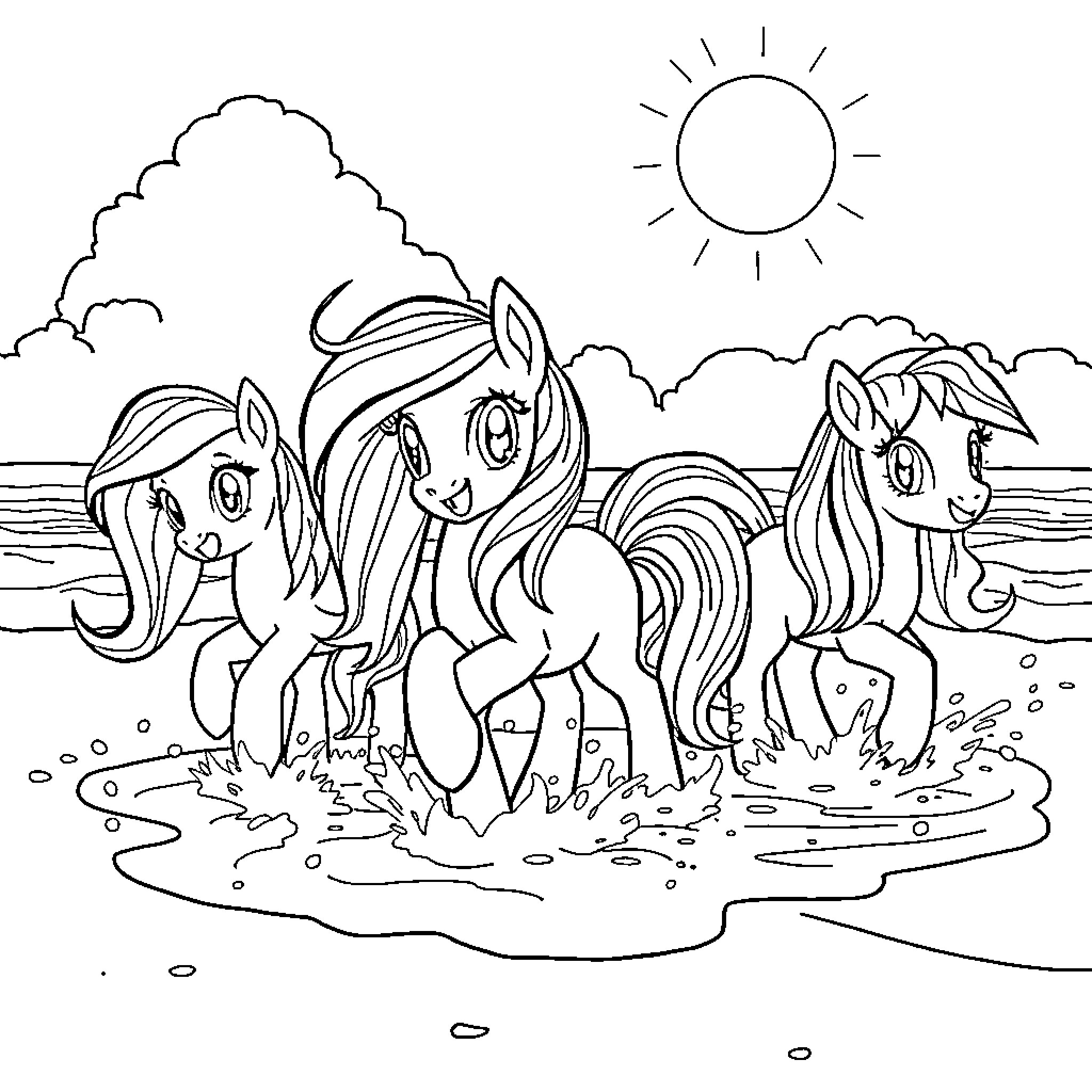 Ponies playing happily in the water under the sun Coloring Page (free black-and-white line drawing printable PDF for all, from beginners to advanced learners, including children, teens, adults, and seniors)