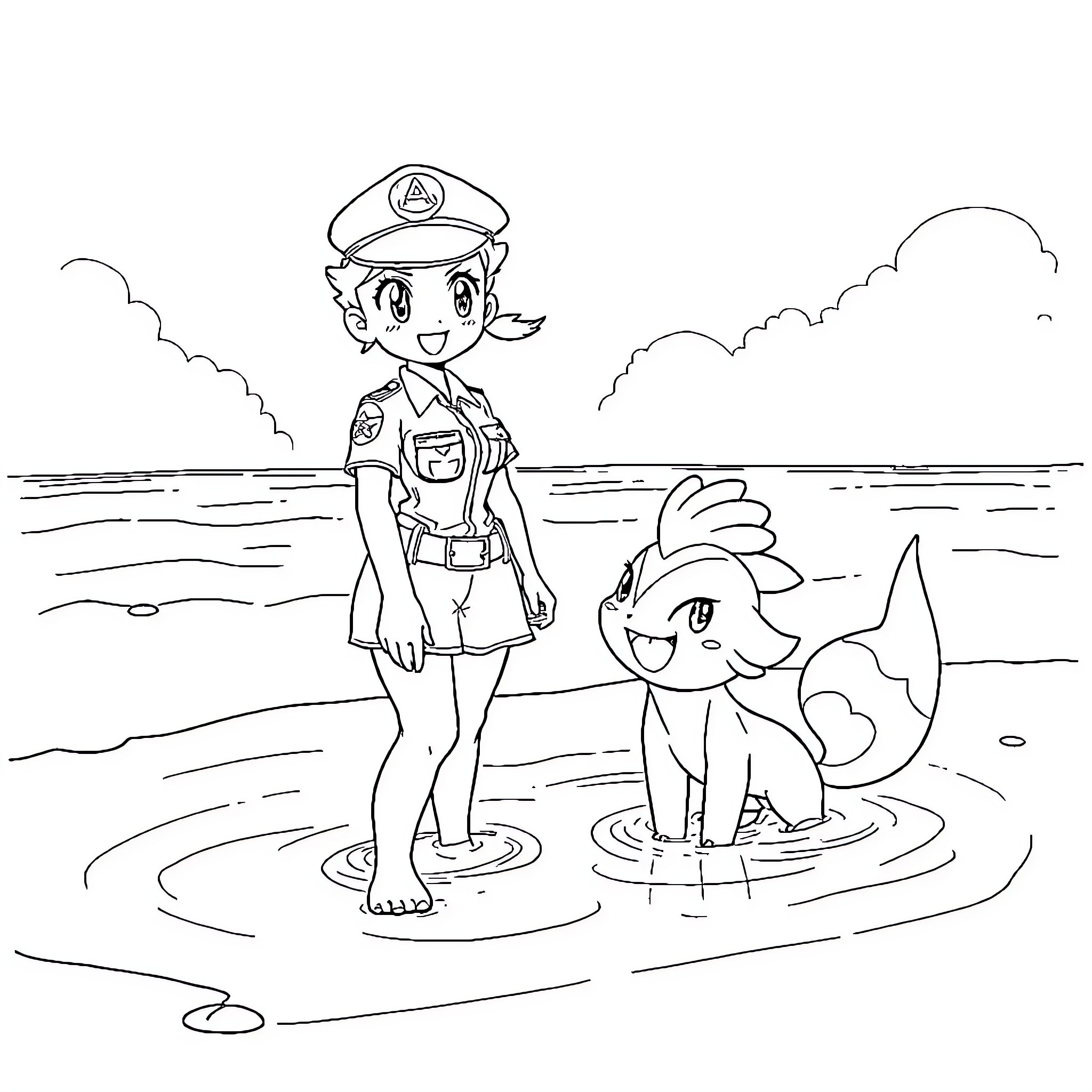 Officer Helping Friendly Cartoon Animal on Beach Coloring Page (free black-and-white line drawing printable PDF for all, from beginners to advanced learners, including children, teens, adults, and seniors)