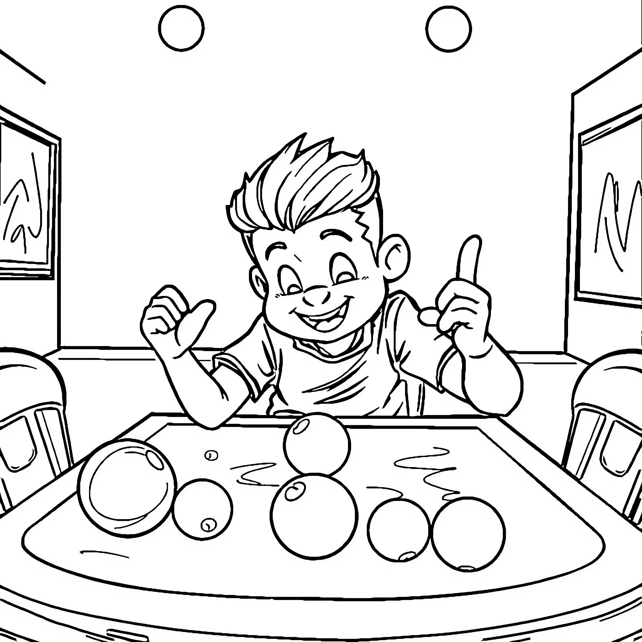 Playing Pool with Enthusiasm and Excitement Coloring Page (free black-and-white line drawing printable PDF for all, from beginners to advanced learners, including children, teens, adults, and seniors)