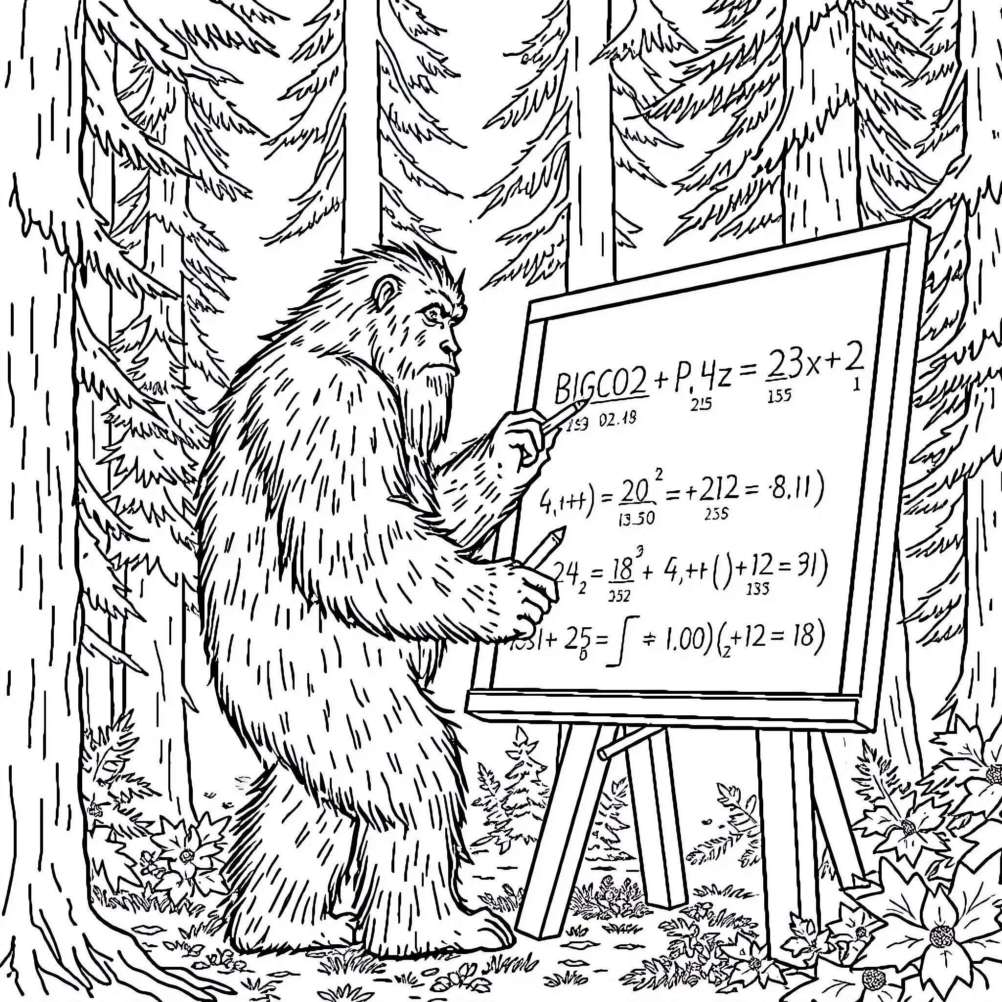 Bigfoot solving a mathematical equation in the forest Coloring Page (free black-and-white line drawing printable PDF for all, from beginners to advanced learners, including children, teens, adults, and seniors)