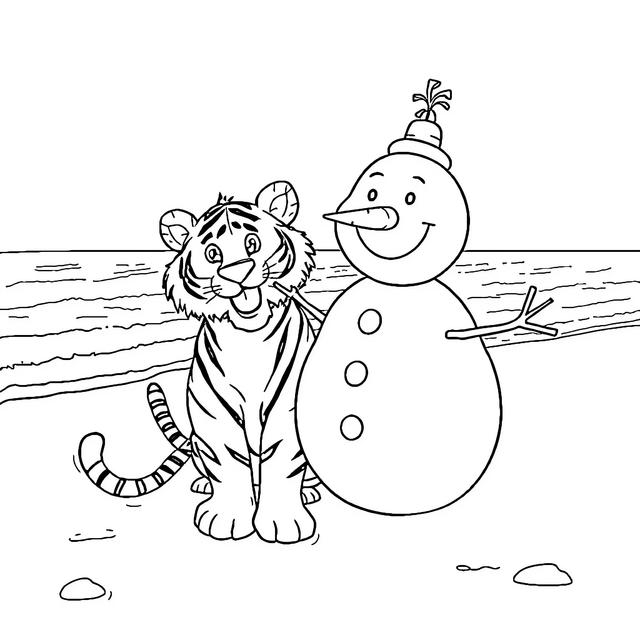 Snowman and tiger playing in the snow Coloring Page (free black-and-white line drawing printable PDF for all, from beginners to advanced learners, including children, teens, adults, and seniors)