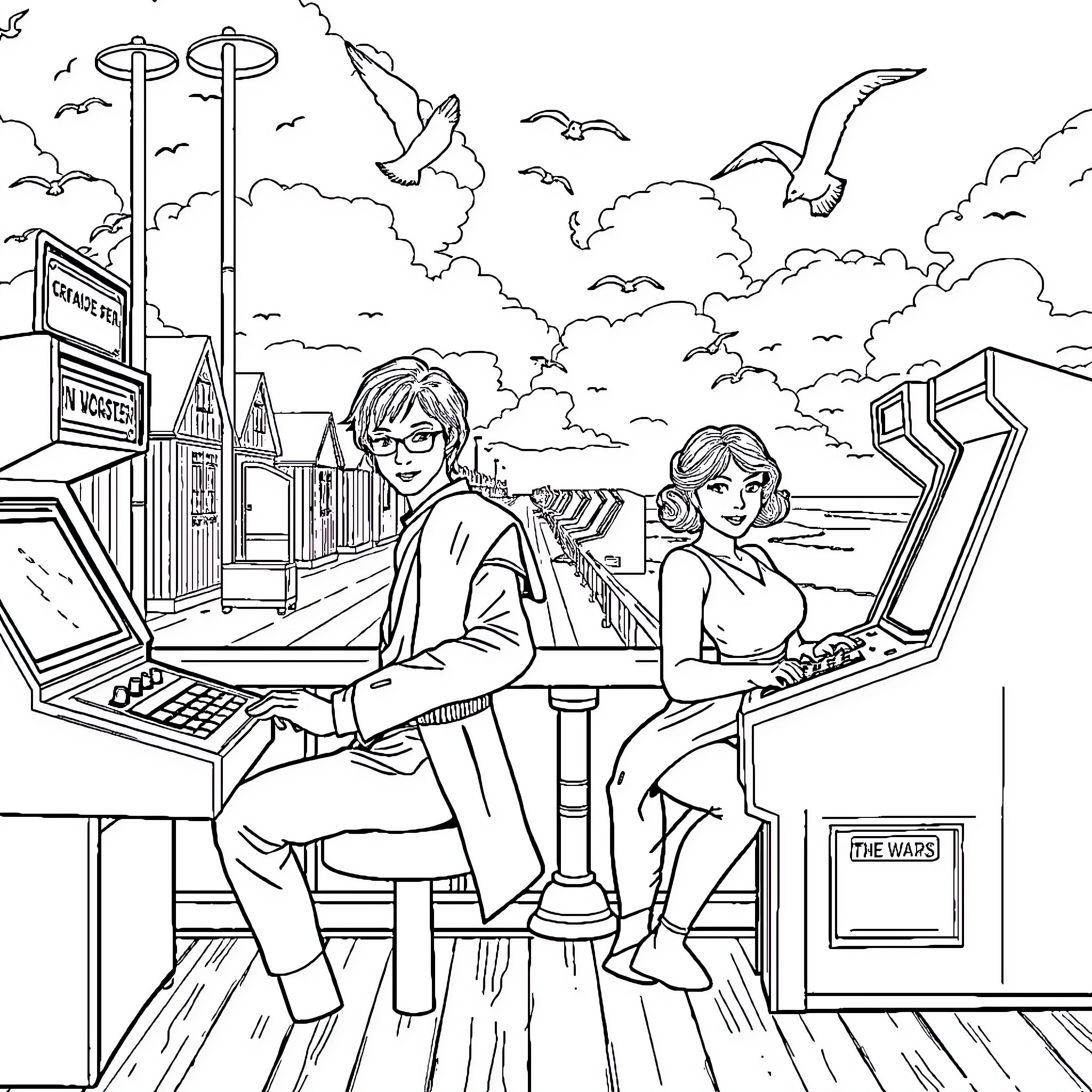 Star Wars Characters Engaged in Virtual Gaming Coloring Page (free black-and-white line drawing printable PDF for all, from beginners to advanced learners, including children, teens, adults, and seniors)