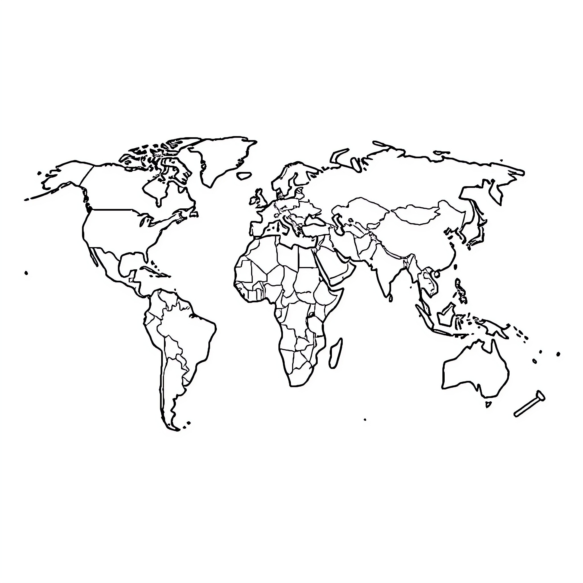 World Map with Simple Outline Borders Coloring Page (free black-and-white line drawing printable PDF for all, from beginners to advanced learners, including children, teens, adults, and seniors)
