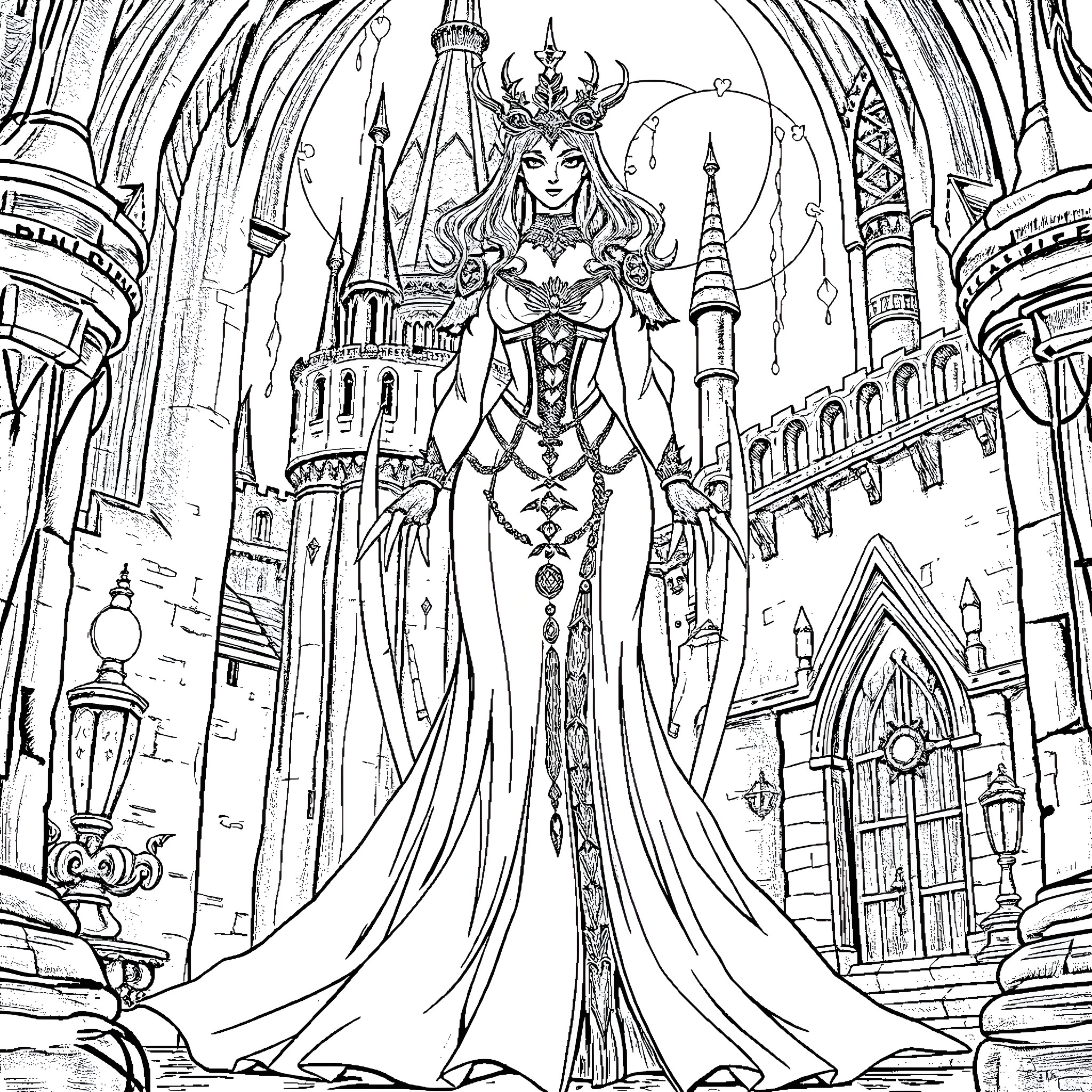 Alcina Dimitrescu, the Regal Lady of the Castle Coloring Page (free black-and-white line drawing printable PDF for all, from beginners to advanced learners, including children, teens, adults, and seniors)