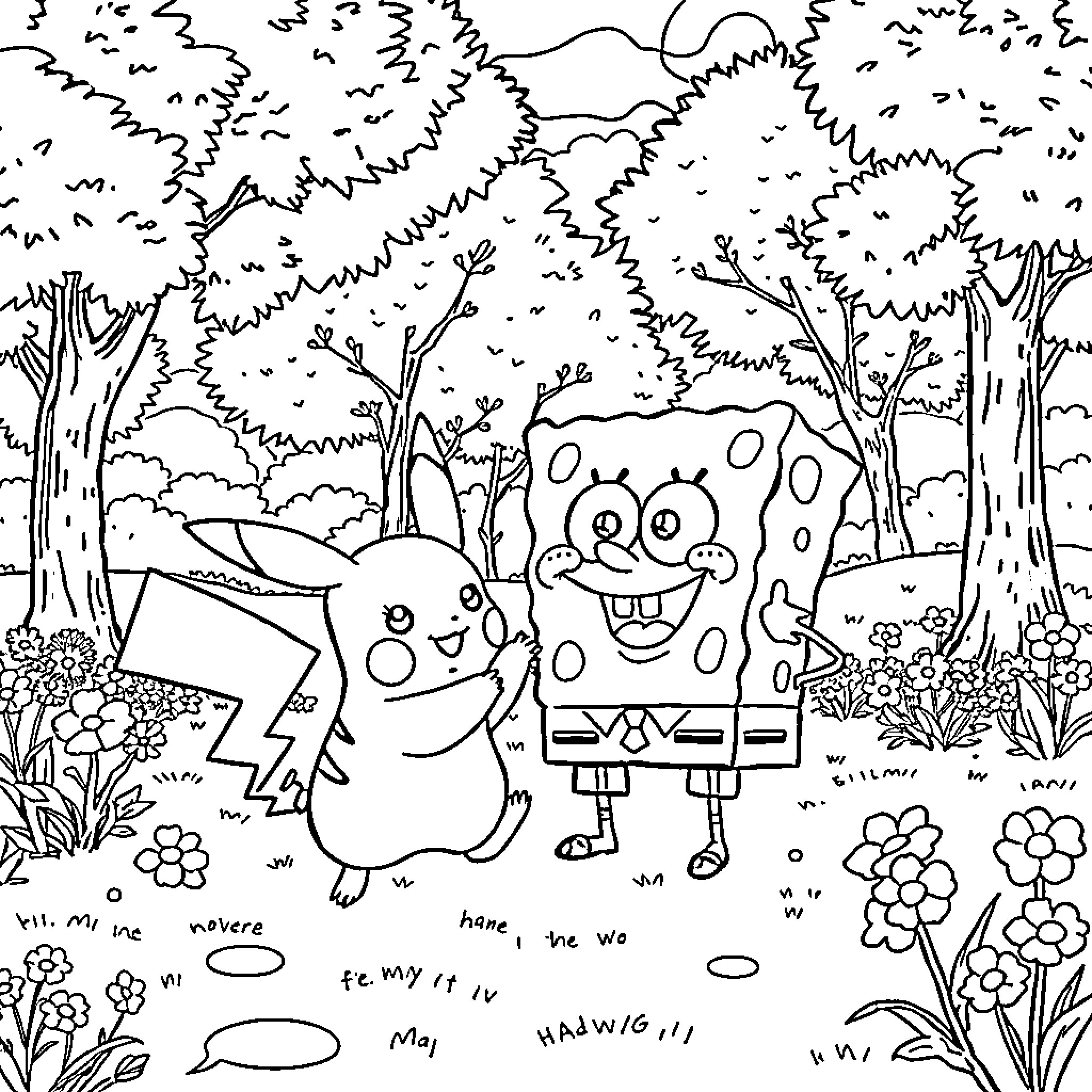 Pikachu and SpongeBob explore the whimsical forest Coloring Page (free black-and-white line drawing printable PDF for all, from beginners to advanced learners, including children, teens, adults, and seniors)
