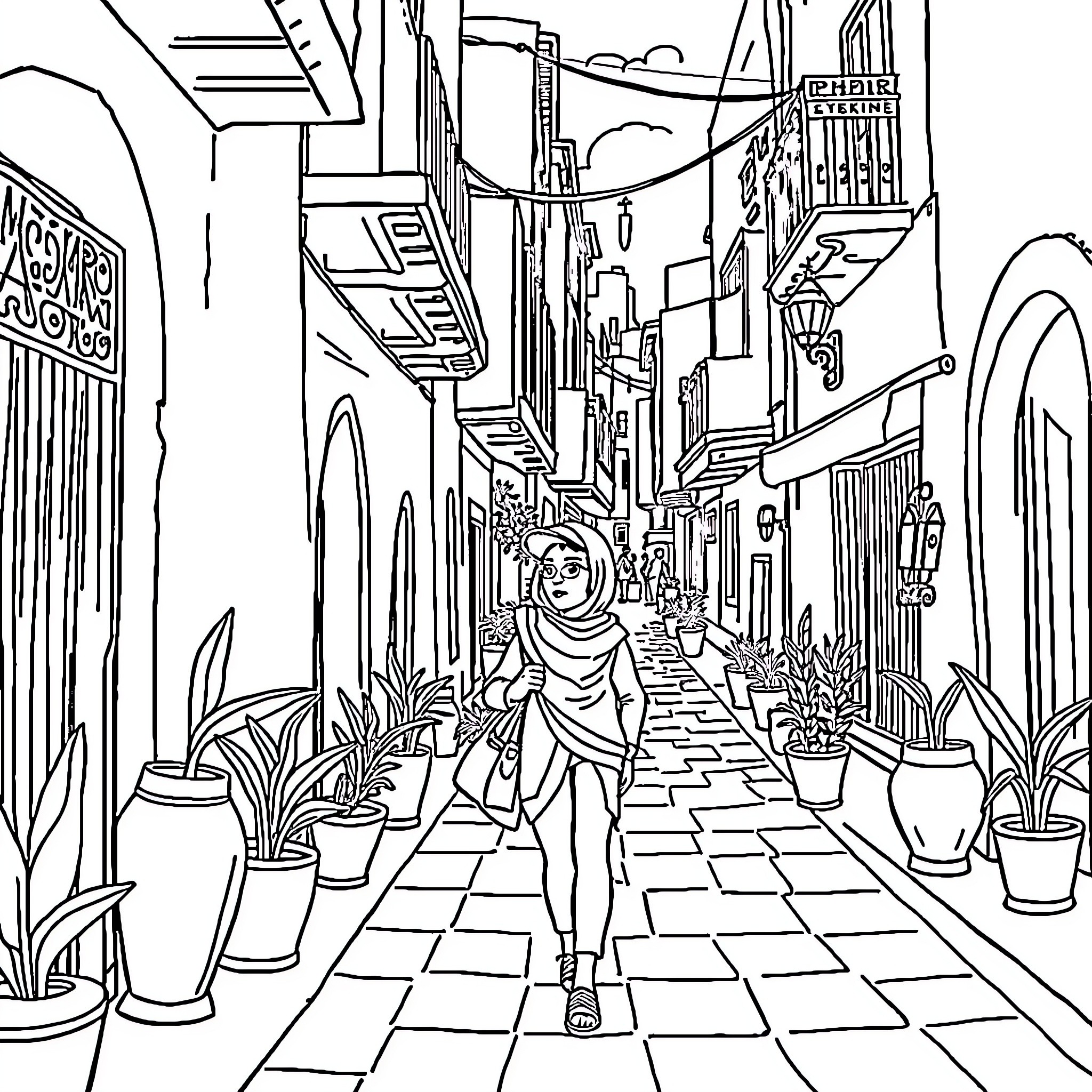 Nanou's Stroll Through the Vibrant City Streets Coloring Page (free black-and-white line drawing printable PDF for all, from beginners to advanced learners, including children, teens, adults, and seniors)