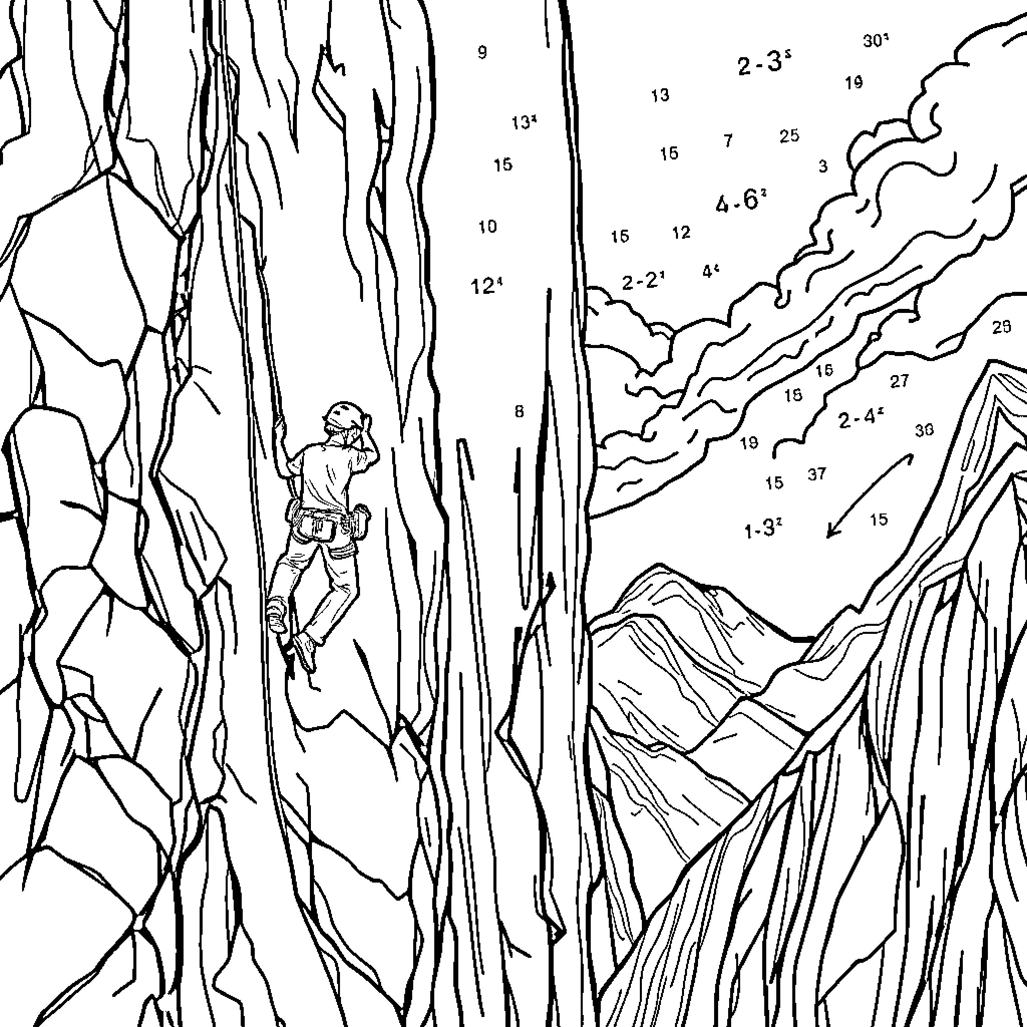 Math Expressions in Mountainous Climbing Scene Coloring Page (free black-and-white line drawing printable PDF for all, from beginners to advanced learners, including children, teens, adults, and seniors)