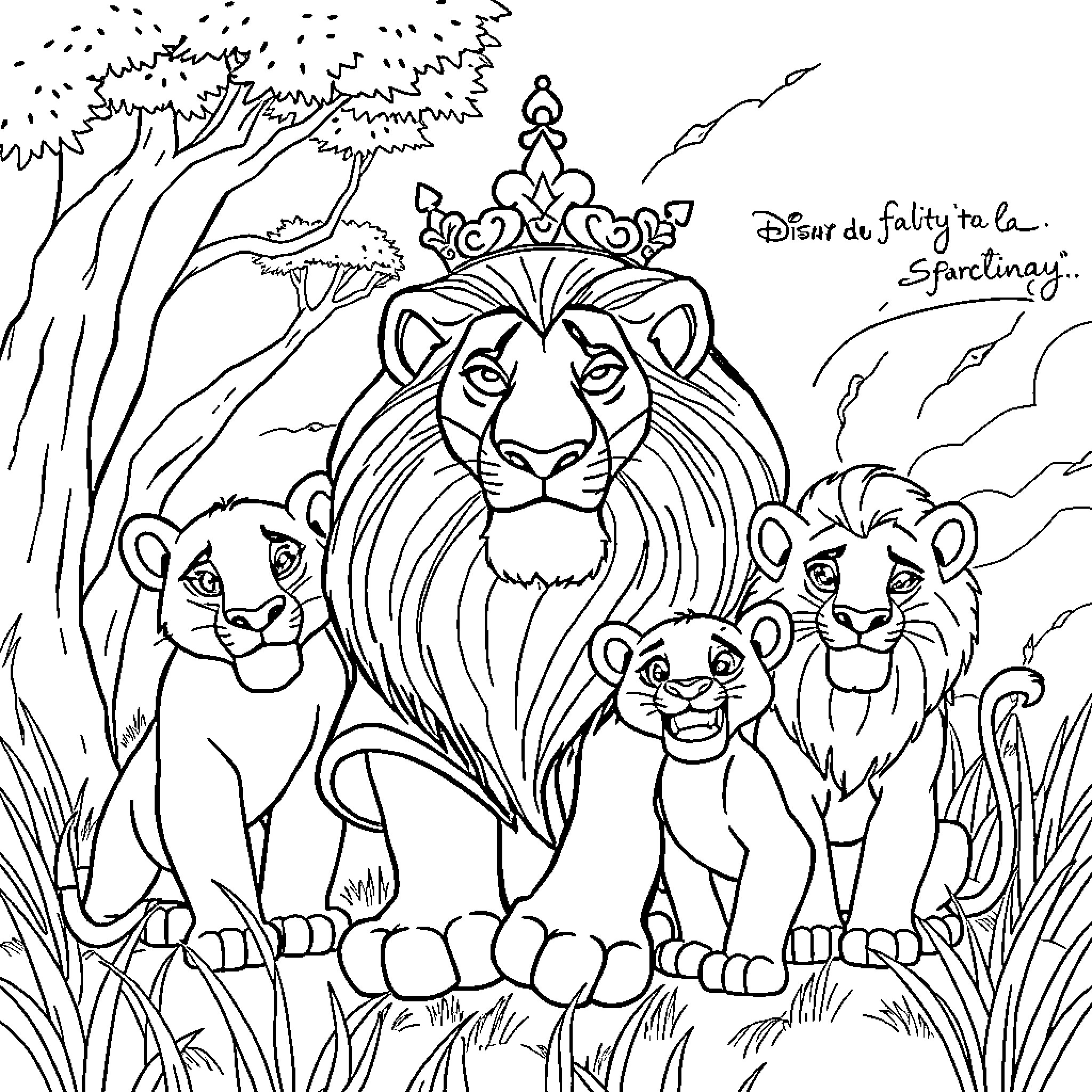 Lion family in the wild kingdom Coloring Page (free black-and-white line drawing printable PDF for all, from beginners to advanced learners, including children, teens, adults, and seniors)