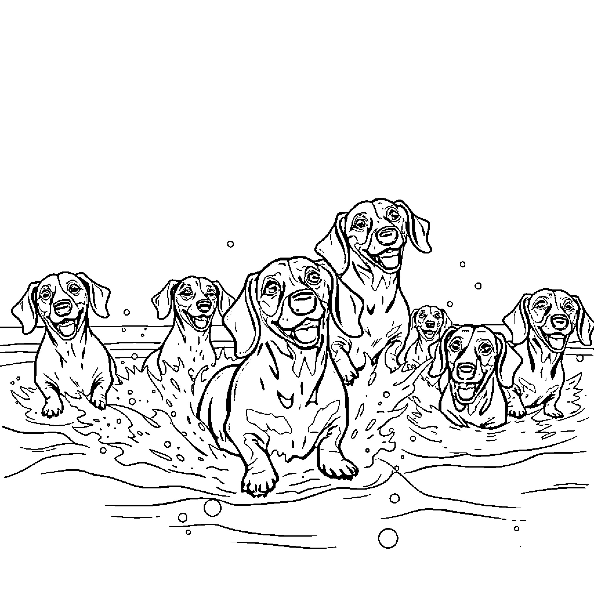 Dachshund pups playing in the water Coloring Page (free black-and-white line drawing printable PDF for all, from beginners to advanced learners, including children, teens, adults, and seniors)