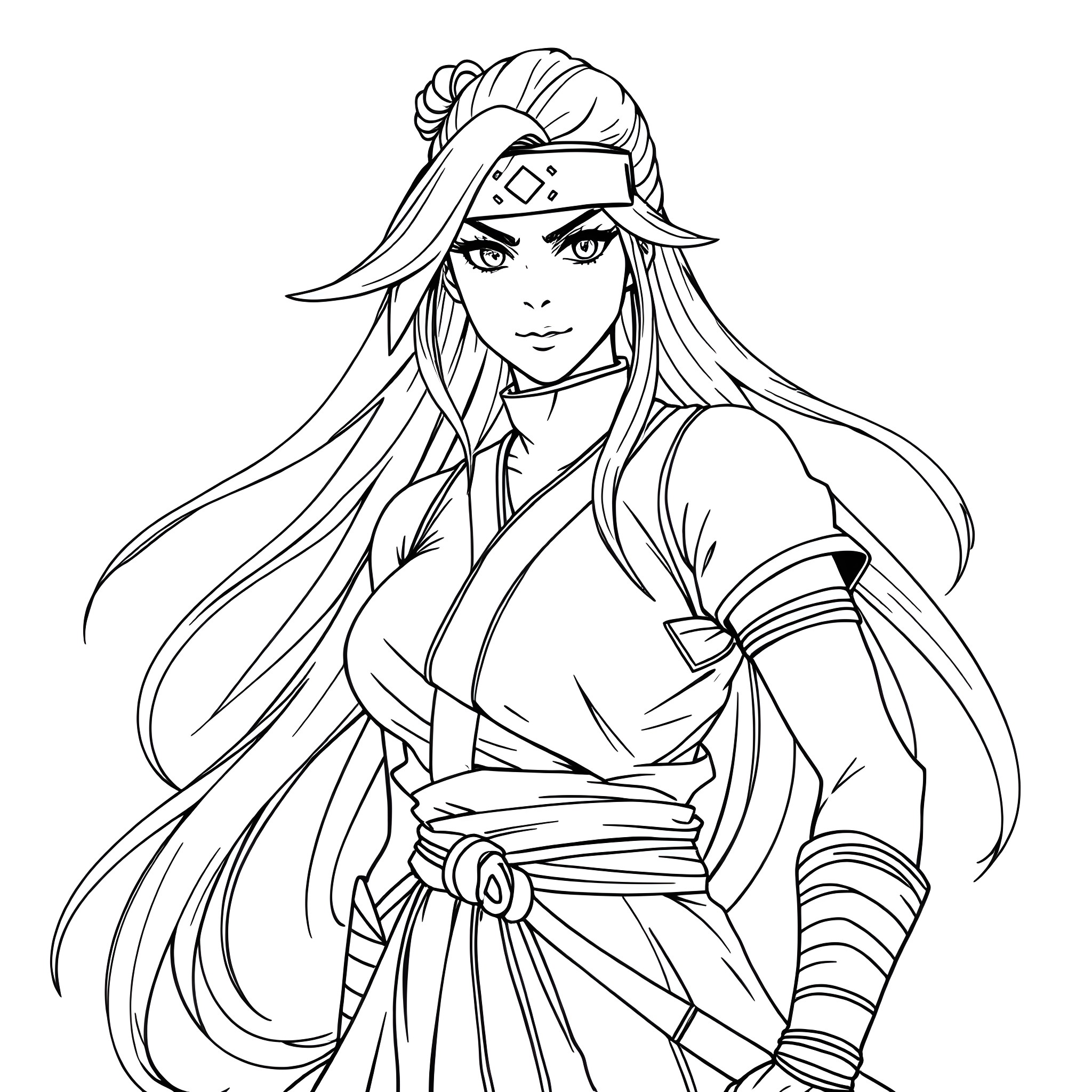 Tsunade in Elegant Ninja Attire Coloring Page (free black-and-white line drawing printable PDF for all, from beginners to advanced learners, including children, teens, adults, and seniors)