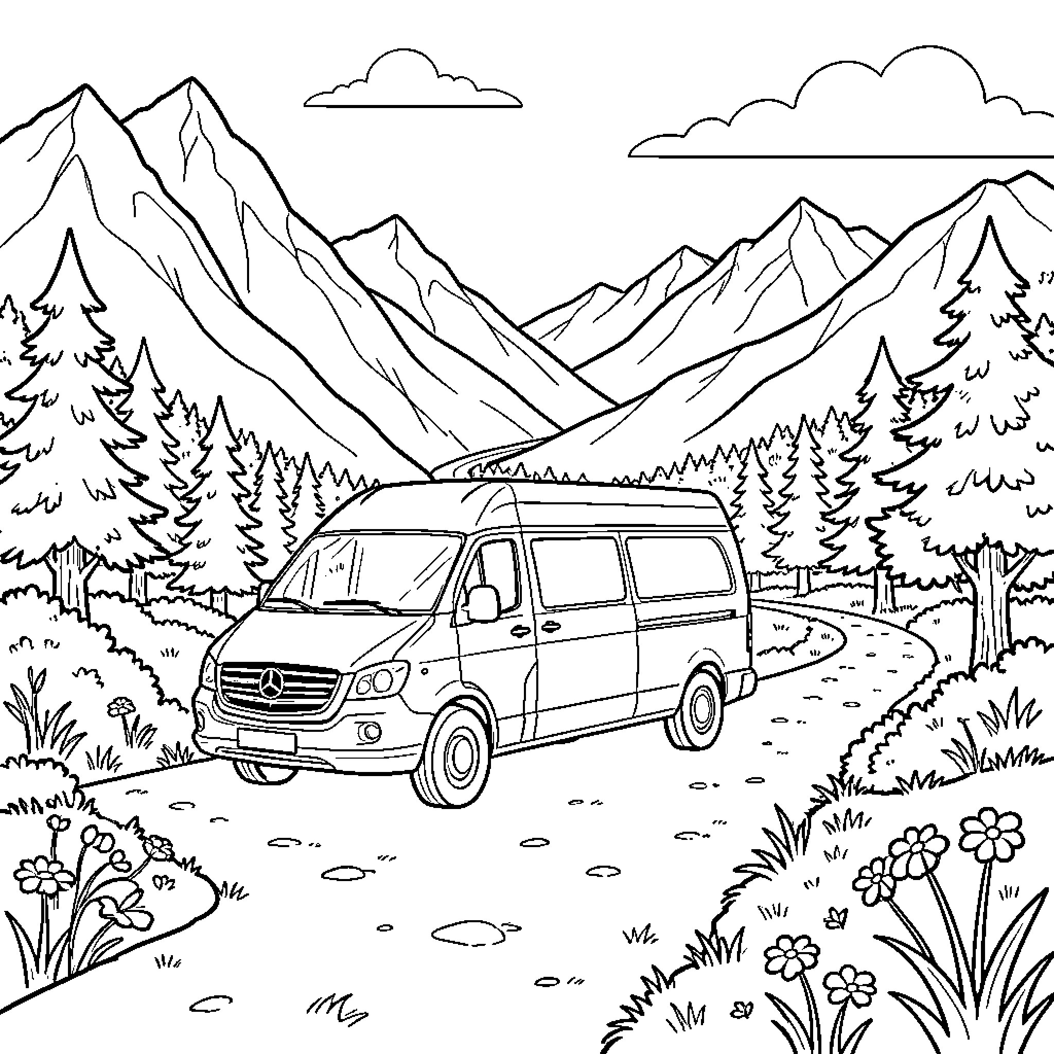 Van driving along a scenic mountain road Coloring Page (free black-and-white line drawing printable PDF for all, from beginners to advanced learners, including children, teens, adults, and seniors)