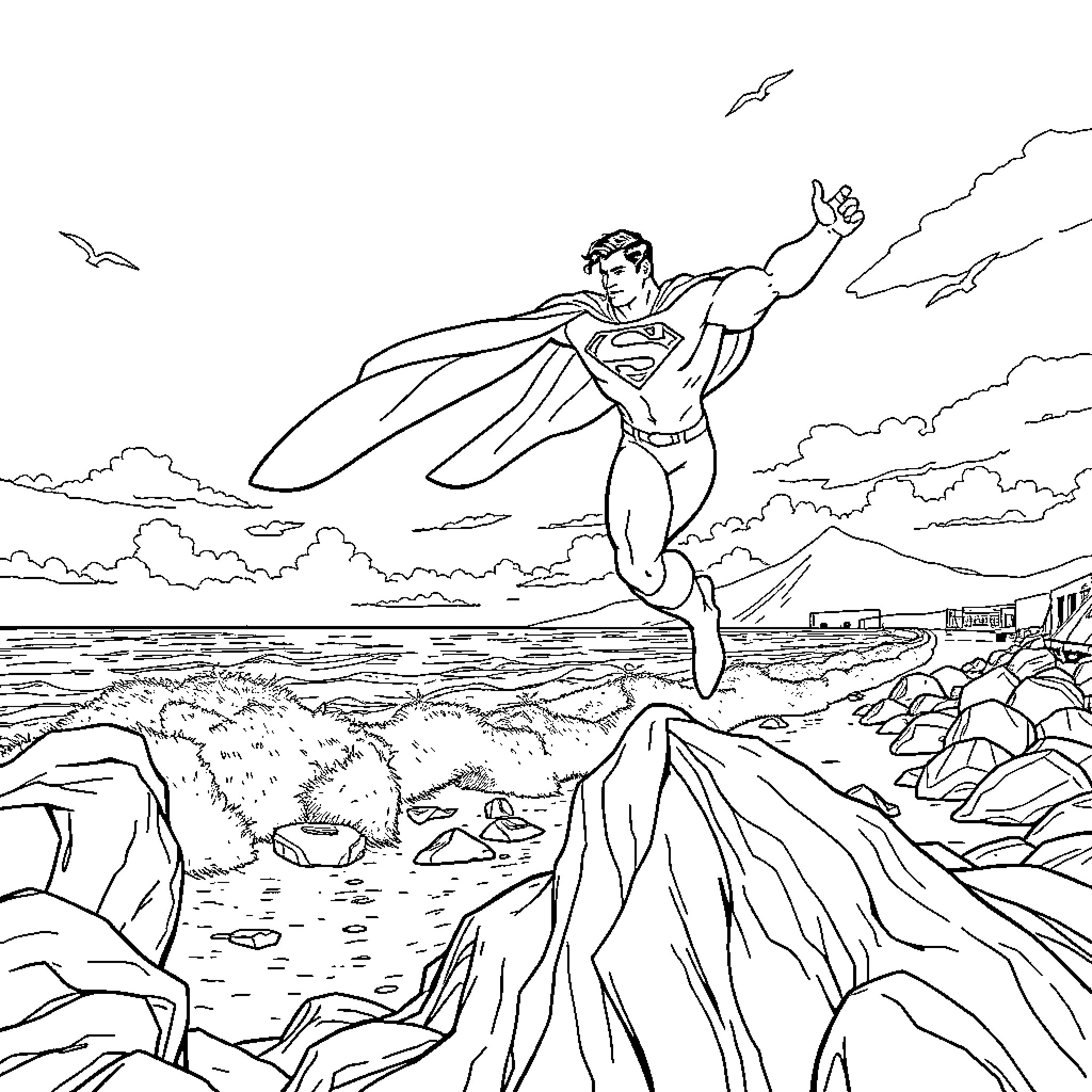Superman soaring through the sky with determination Coloring Page (free black-and-white line drawing printable PDF for all, from beginners to advanced learners, including children, teens, adults, and seniors)