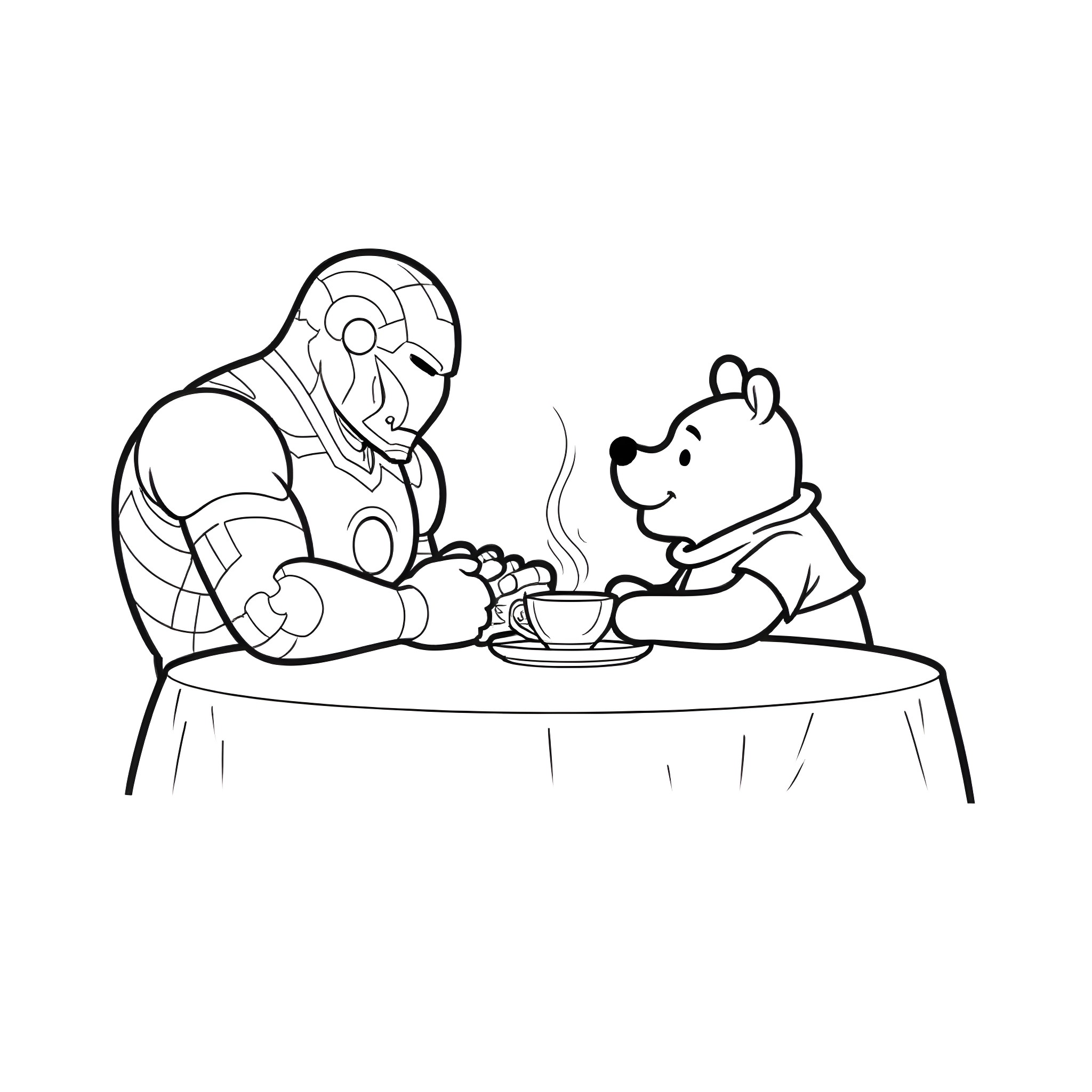Iron Man sharing a cup of tea with Winnie the Pooh Coloring Page (free black-and-white line drawing printable PDF for all, from beginners to advanced learners, including children, teens, adults, and seniors)