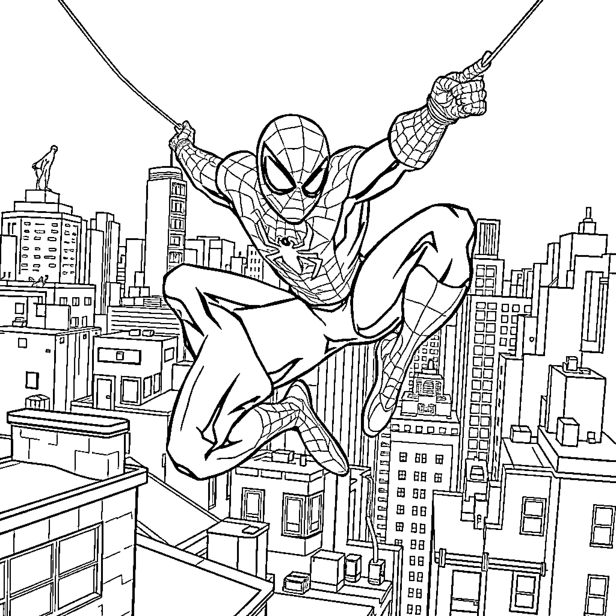 Spidey swinging over the city skyline Coloring Page (free black-and-white line drawing printable PDF for all, from beginners to advanced learners, including children, teens, adults, and seniors)