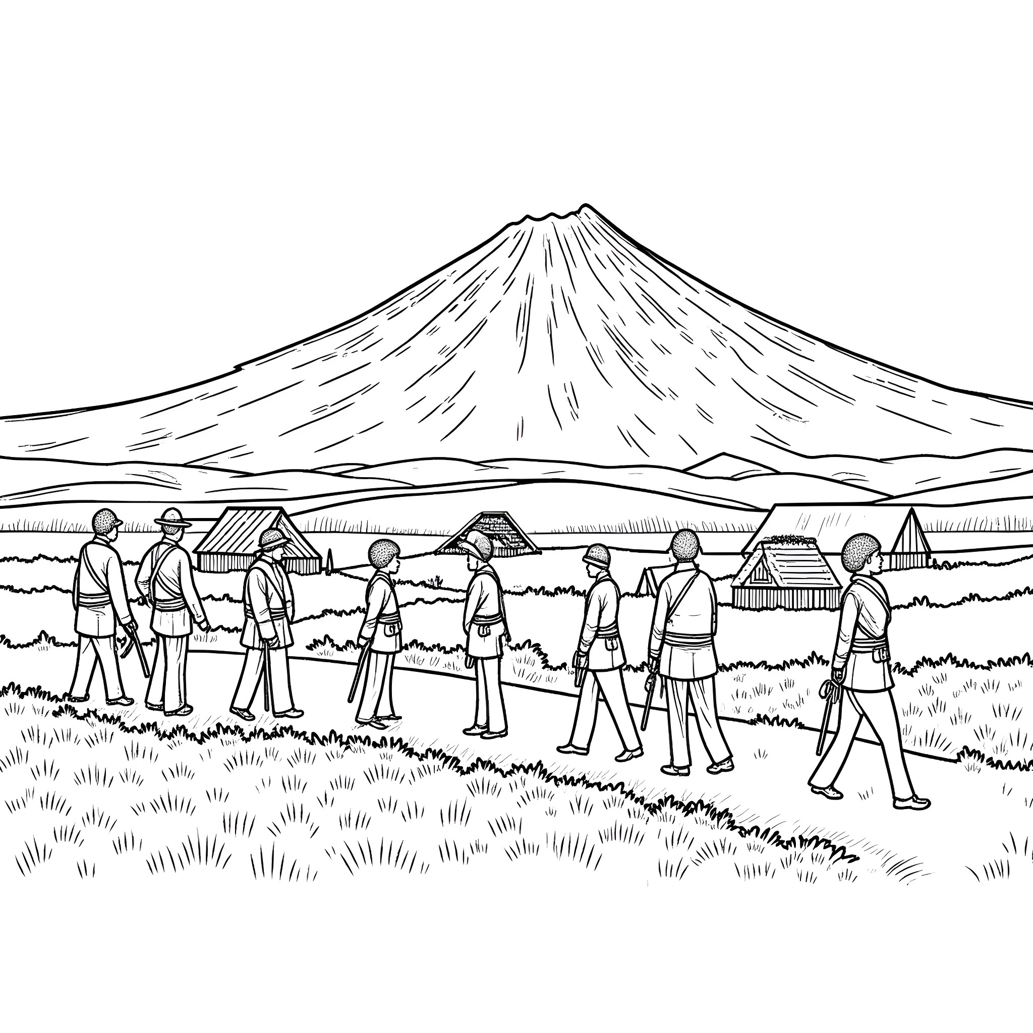 Taranaki mountain and local villagers in outdoor scene Coloring Page (free black-and-white line drawing printable PDF for all, from beginners to advanced learners, including children, teens, adults, and seniors)